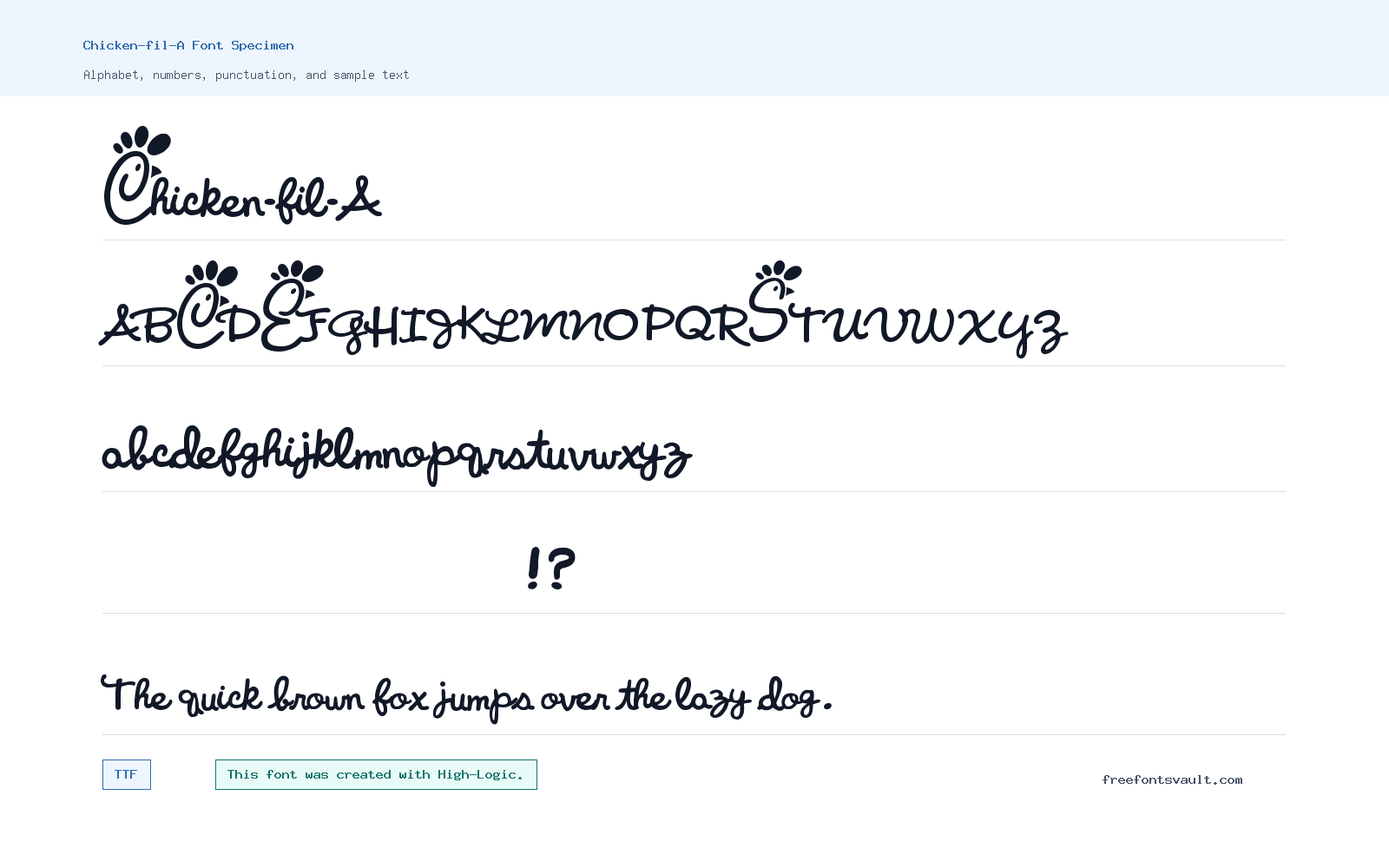 Chicken-fil-A font specimen showing alphabet, numbers, and sample text