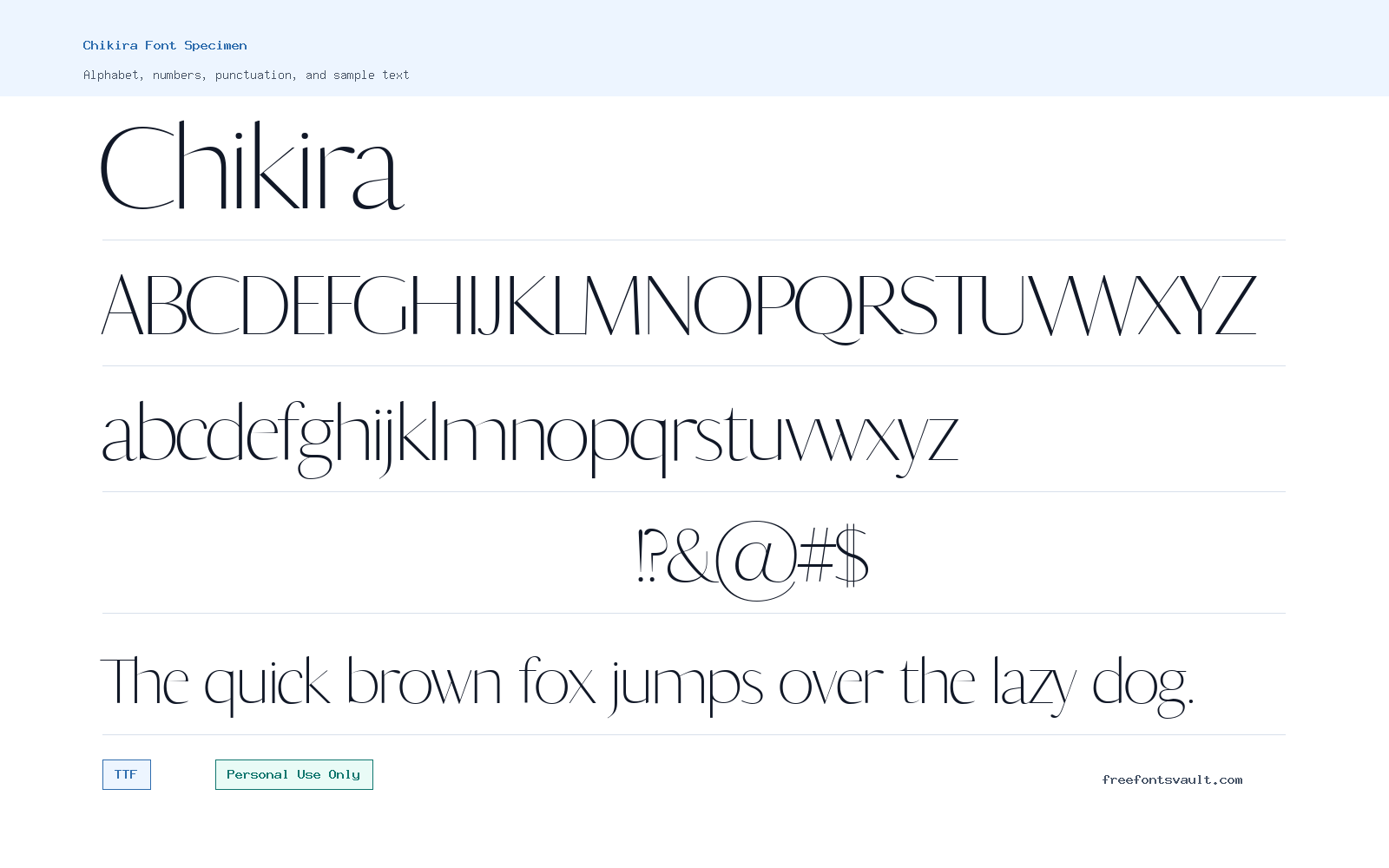 Chikira font specimen showing alphabet, numbers, and sample text