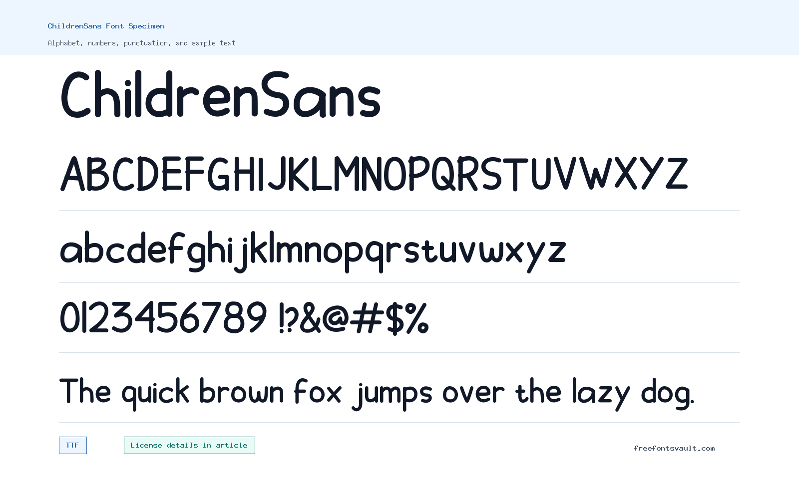 ChildrenSans font specimen showing alphabet, numbers, and sample text