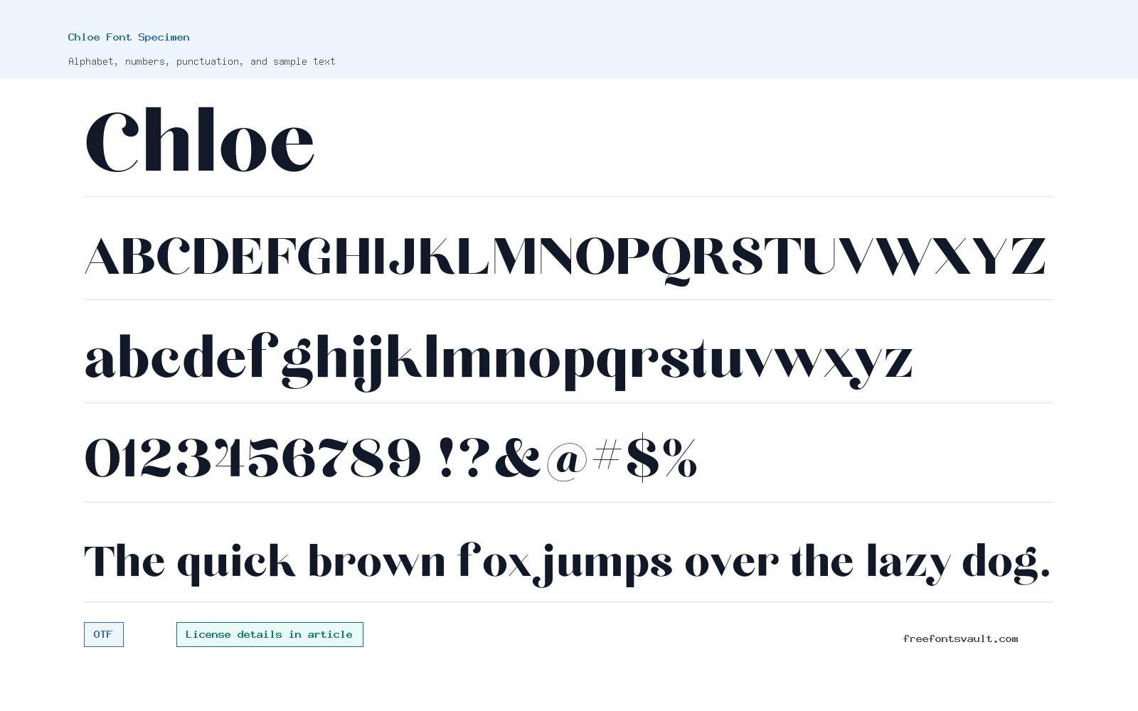 Chloe font specimen showing alphabet, numbers, and sample text