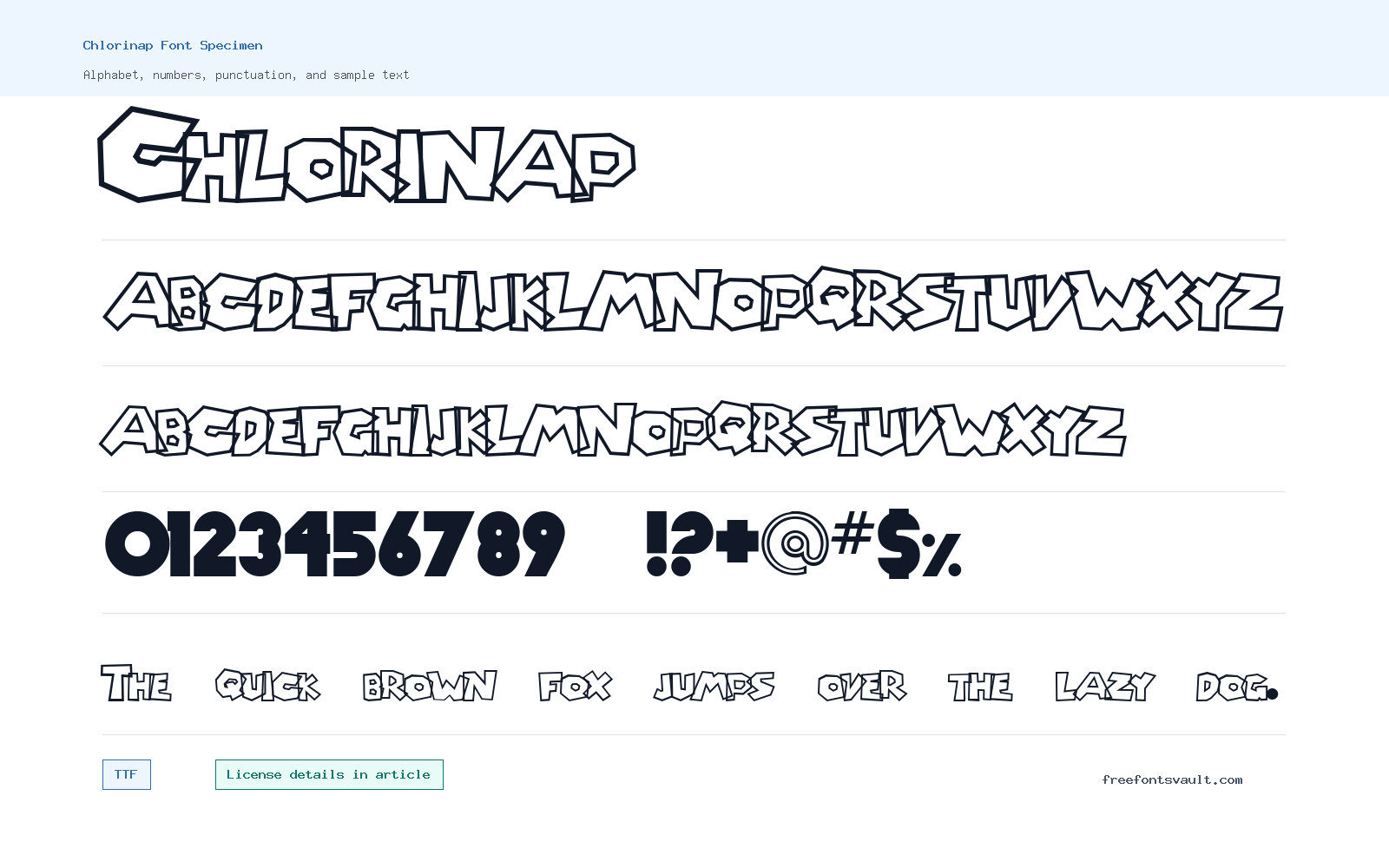 Chlorinap font specimen showing alphabet, numbers, and sample text