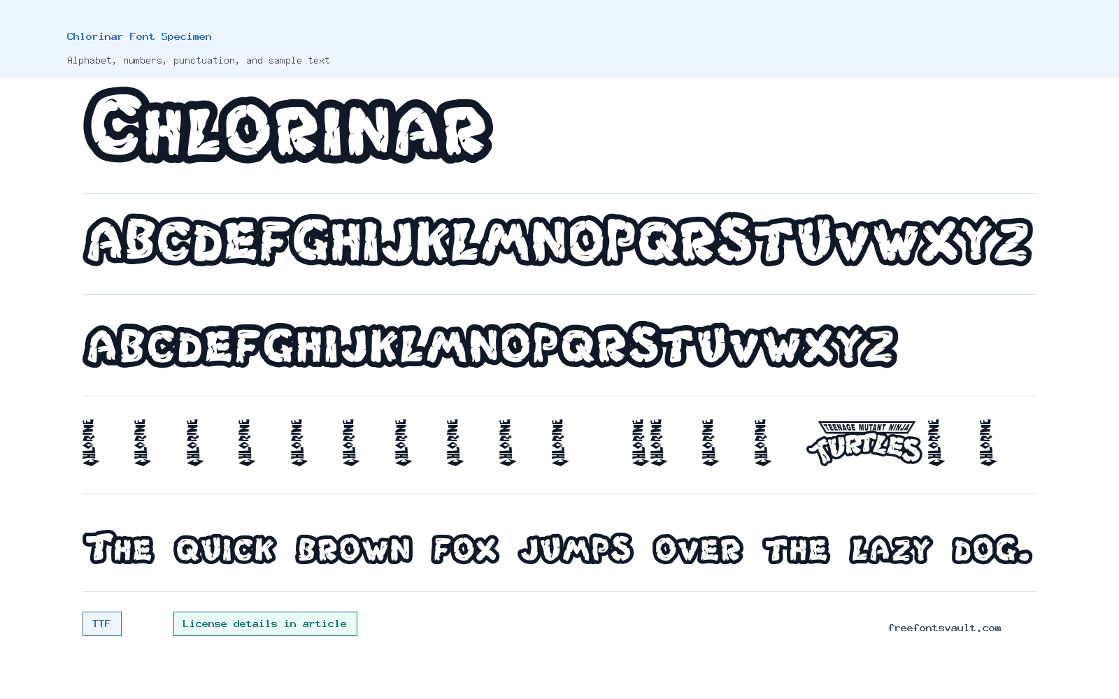 Chlorinar font specimen showing alphabet, numbers, and sample text