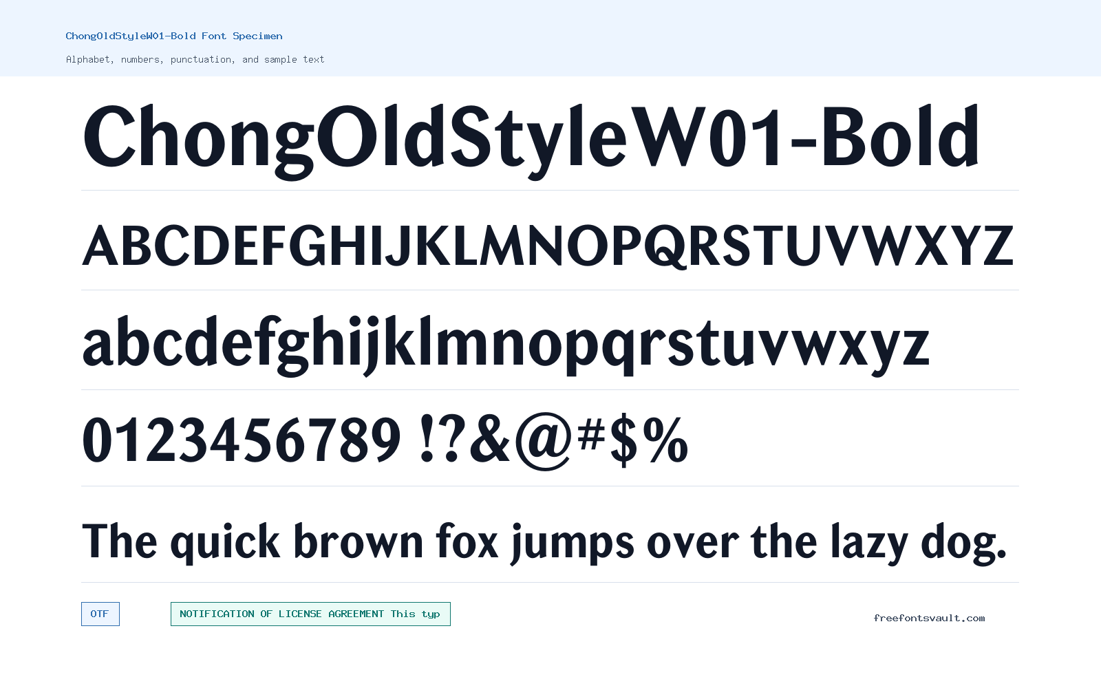 ChongOldStyleW01-Bold font specimen showing alphabet, numbers, and sample text