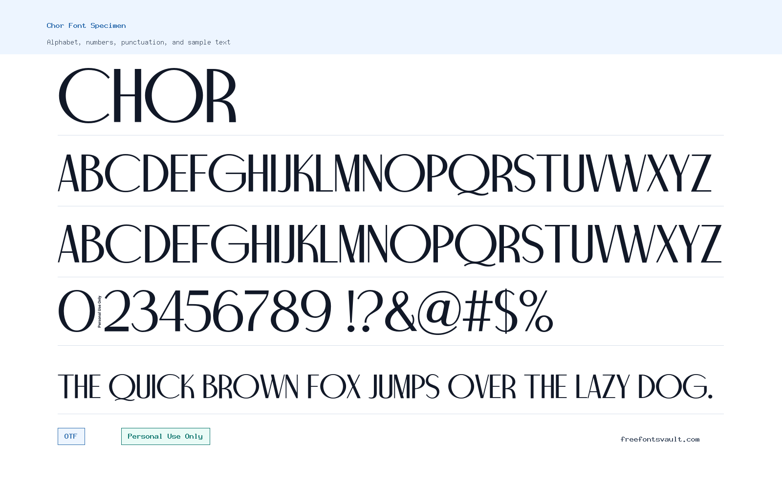 Chor font specimen showing alphabet, numbers, and sample text