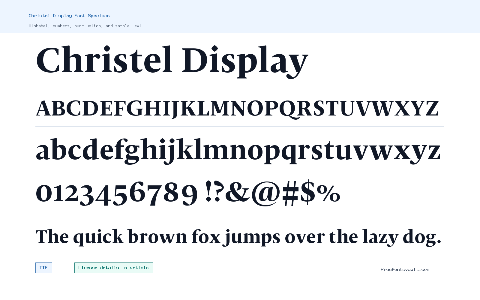 Christel Display font specimen showing alphabet, numbers, and sample text