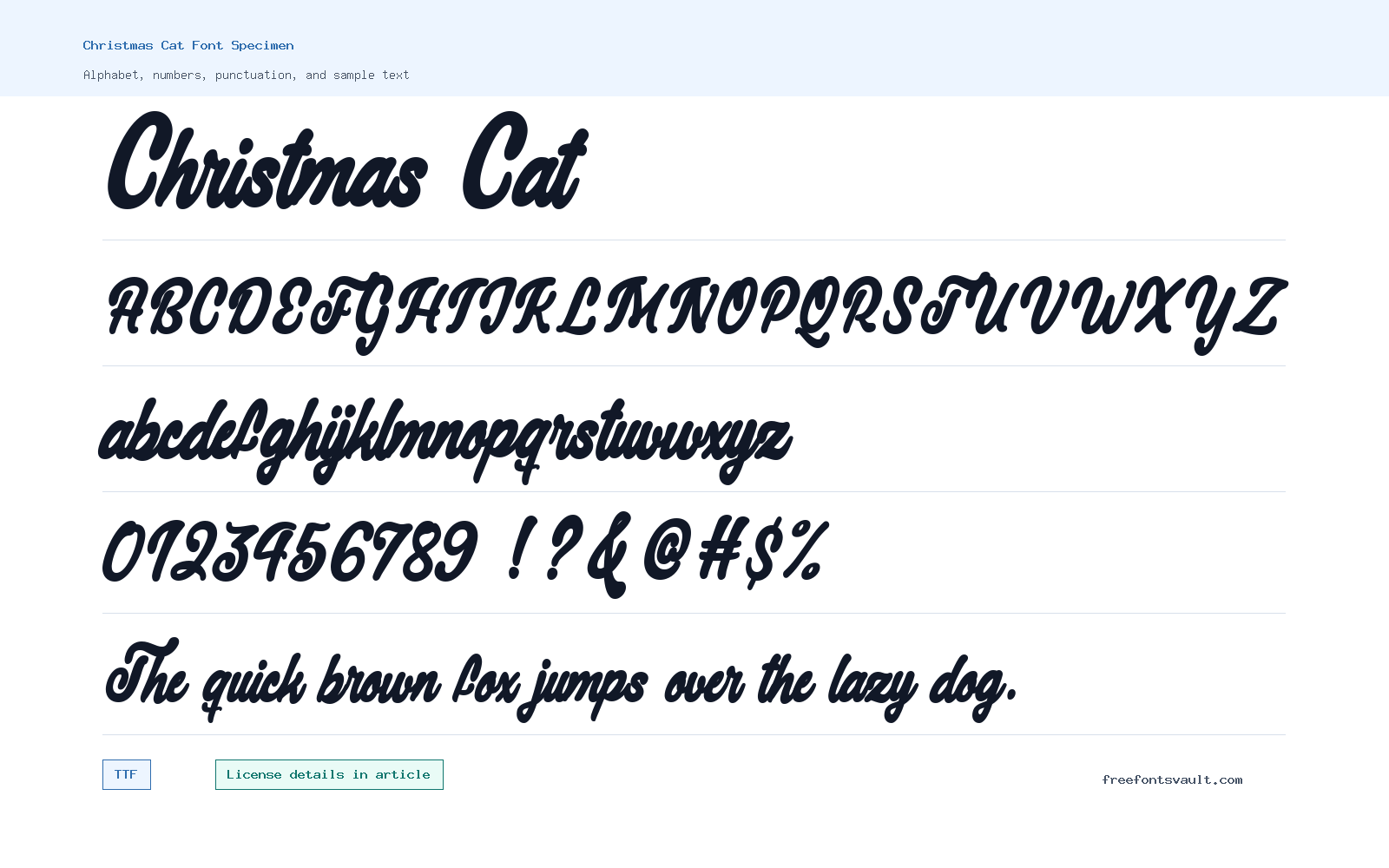 Christmas Cat font specimen showing alphabet, numbers, and sample text