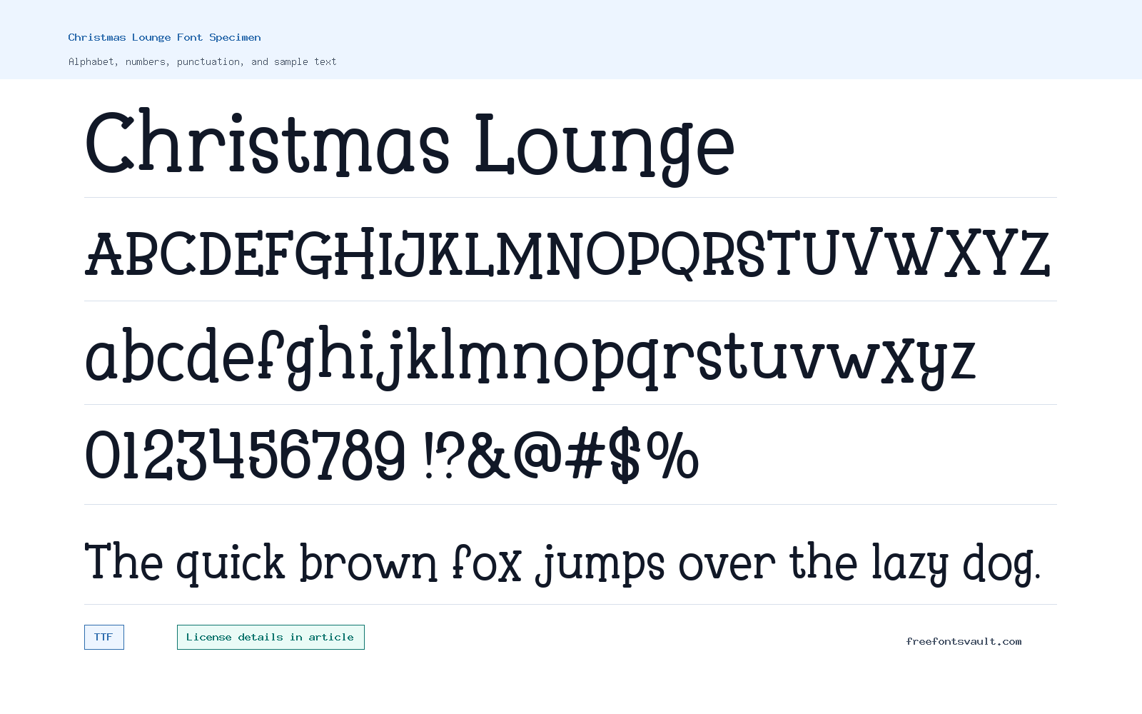 Christmas Lounge font specimen showing alphabet, numbers, and sample text