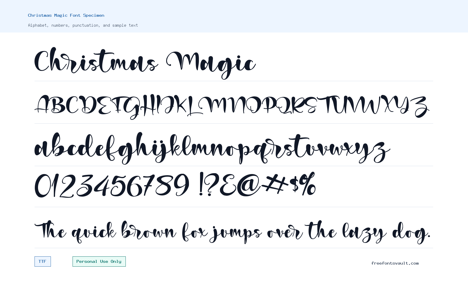 Christmas Magic font specimen showing alphabet, numbers, and sample text