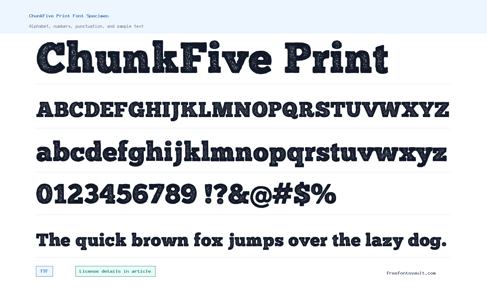 ChunkFive Print font specimen showing alphabet, numbers, and sample text