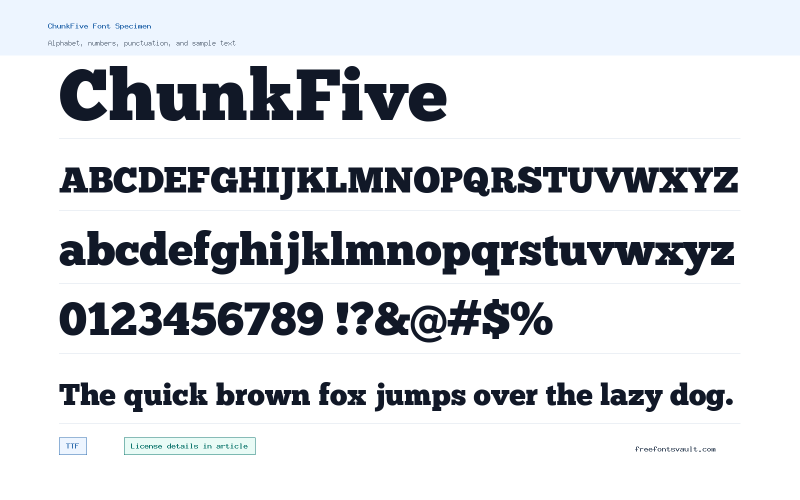 ChunkFive font specimen showing alphabet, numbers, and sample text