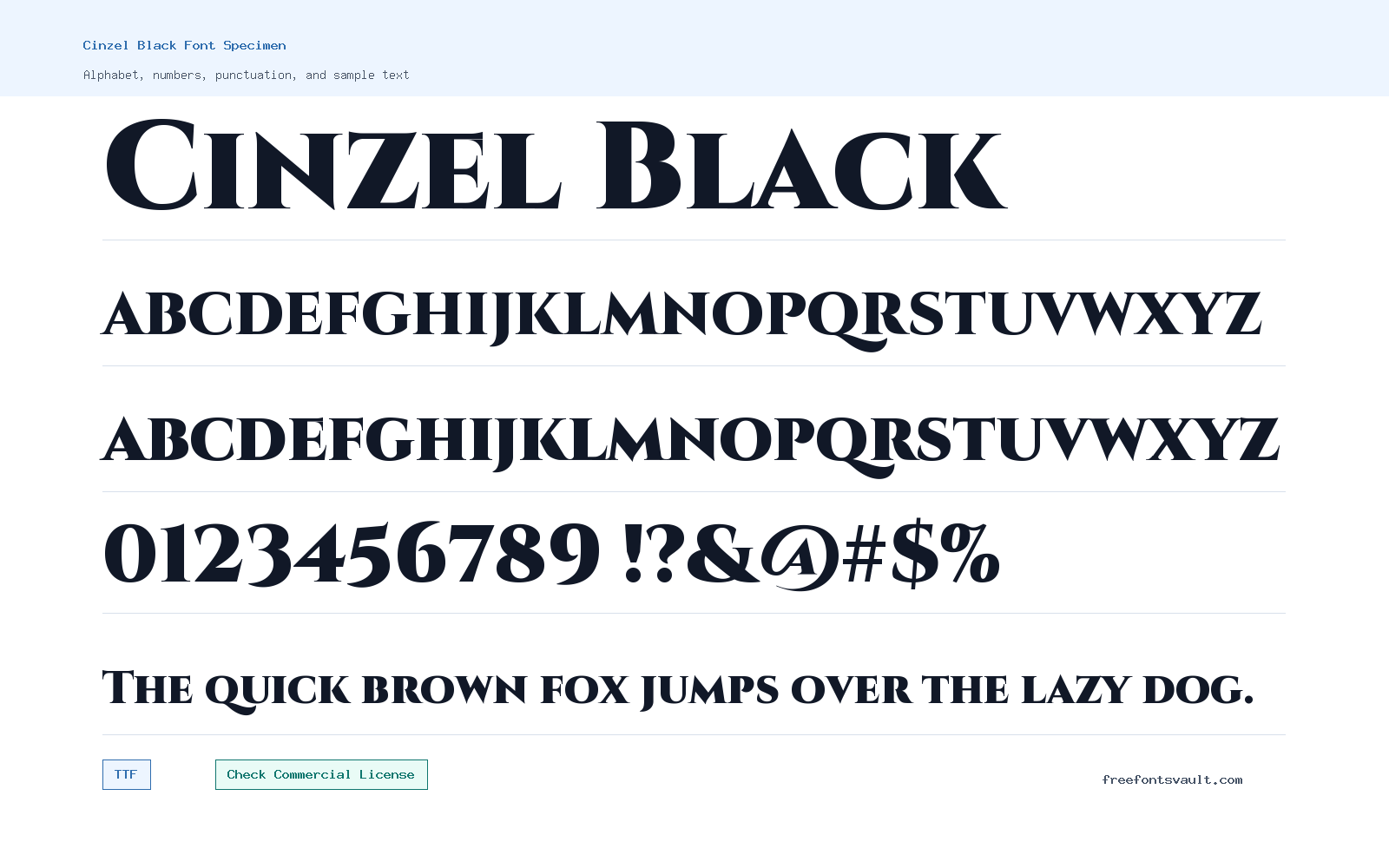 Cinzel Black font specimen showing alphabet, numbers, and sample text