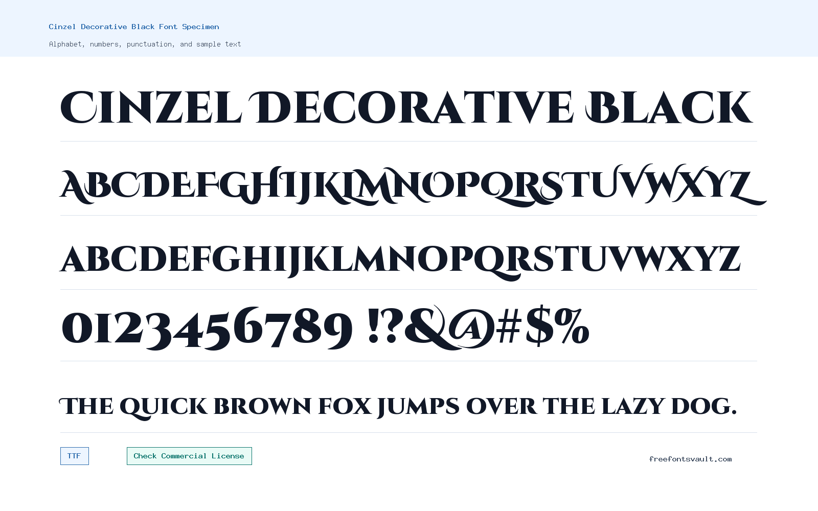 Cinzel Decorative Black font specimen showing alphabet, numbers, and sample text