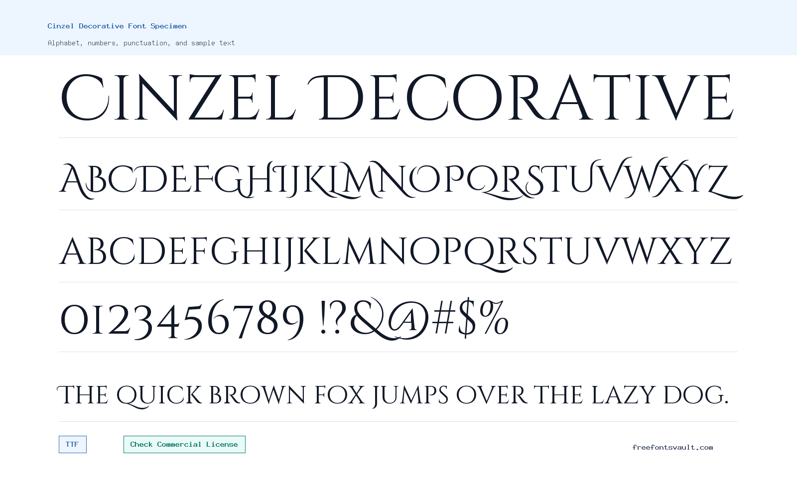 Cinzel Decorative font specimen showing alphabet, numbers, and sample text
