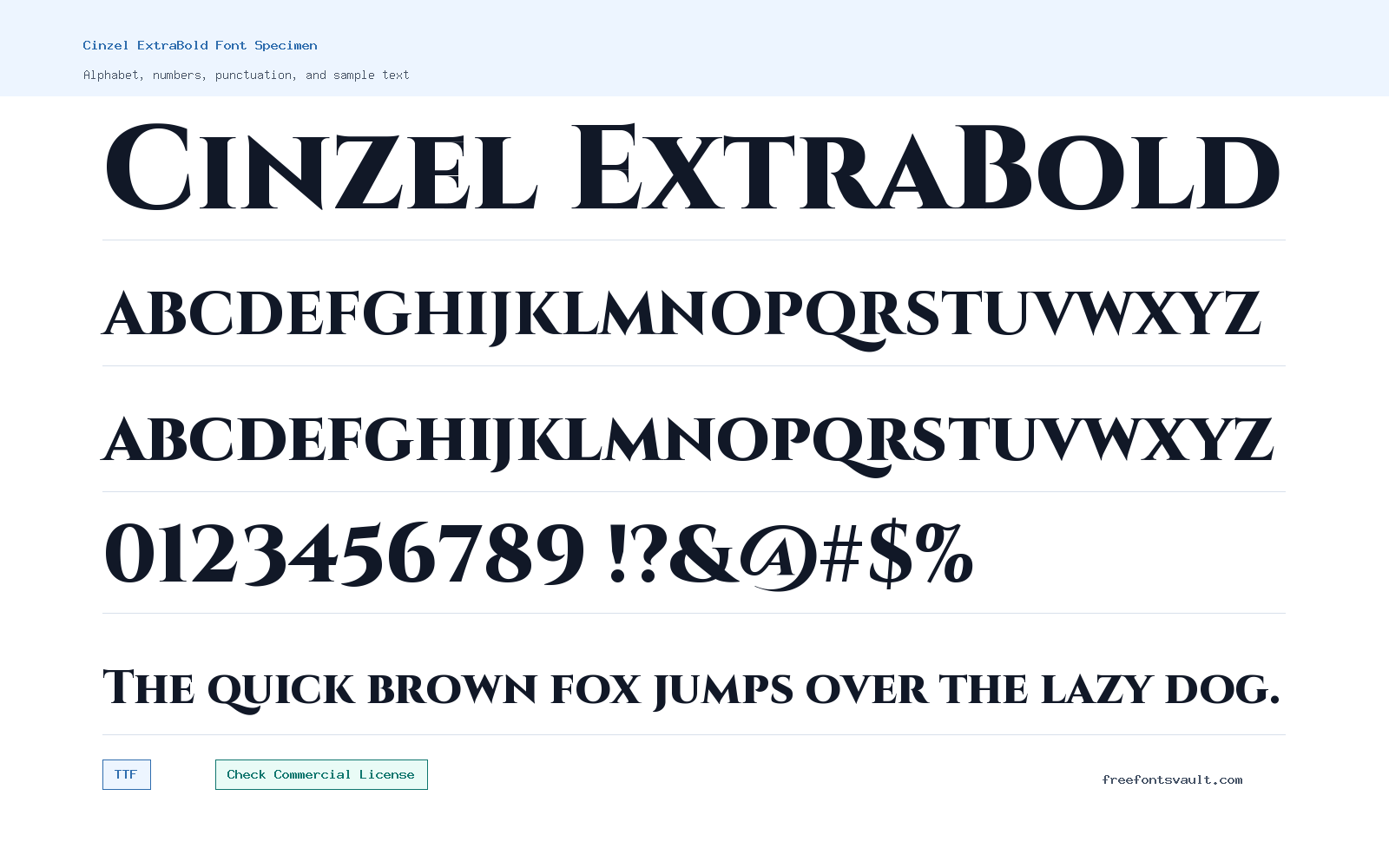Cinzel ExtraBold font specimen showing alphabet, numbers, and sample text