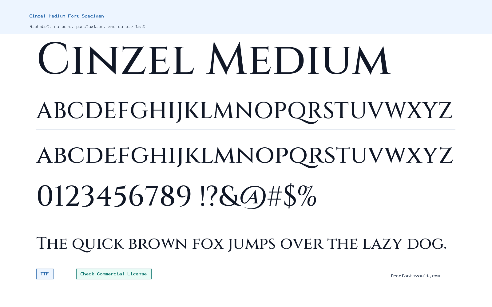 Cinzel Medium font specimen showing alphabet, numbers, and sample text