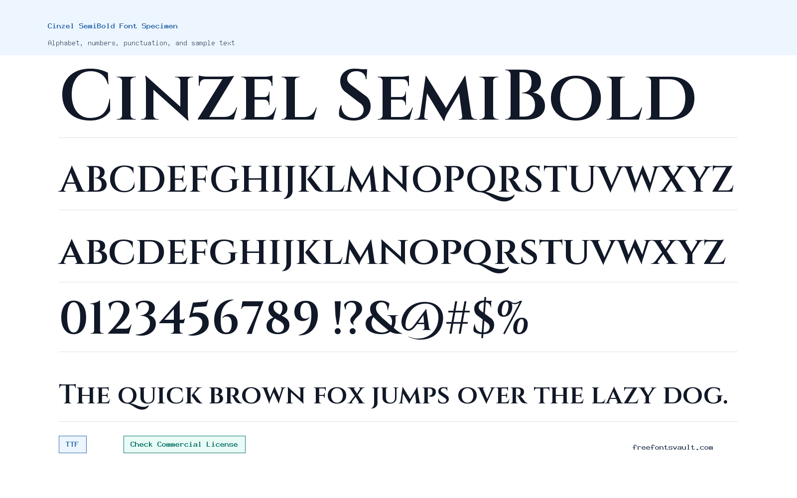 Cinzel SemiBold font specimen showing alphabet, numbers, and sample text