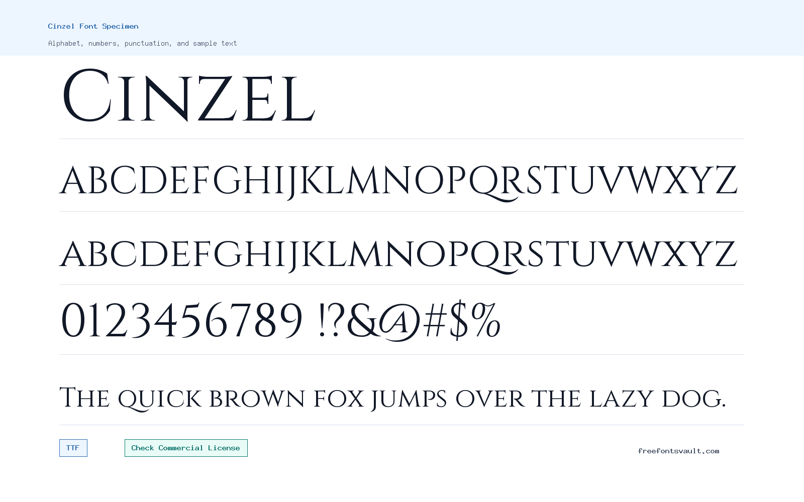 Cinzel font specimen showing alphabet, numbers, and sample text