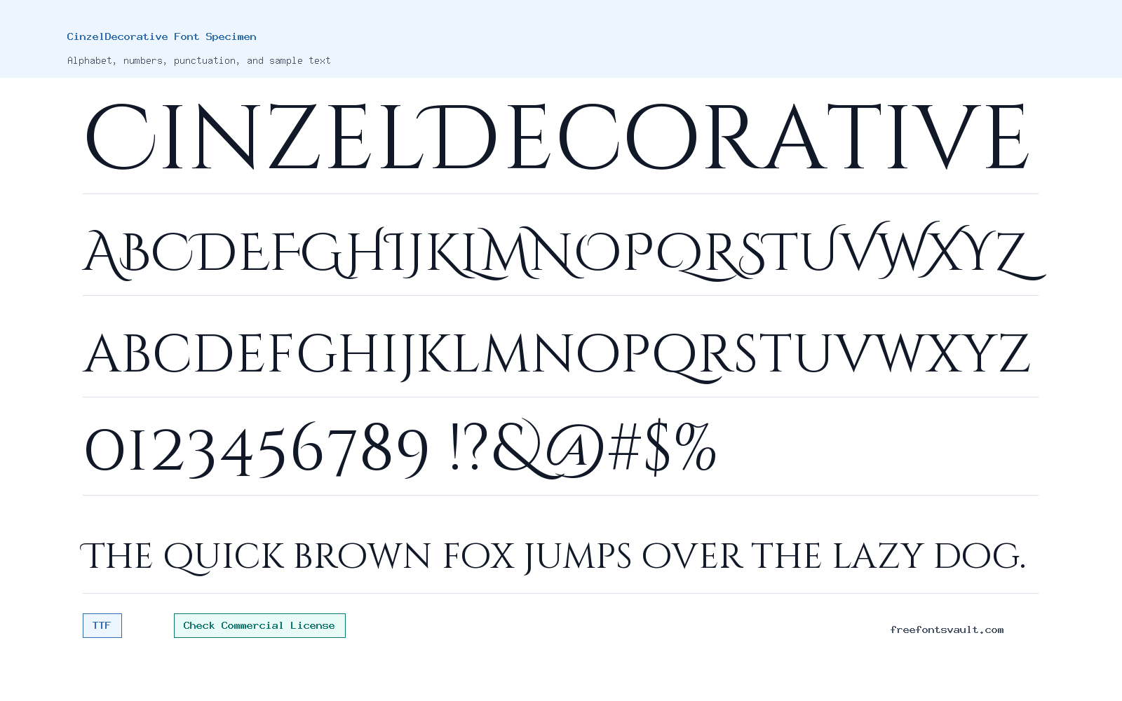 CinzelDecorative font specimen showing alphabet, numbers, and sample text