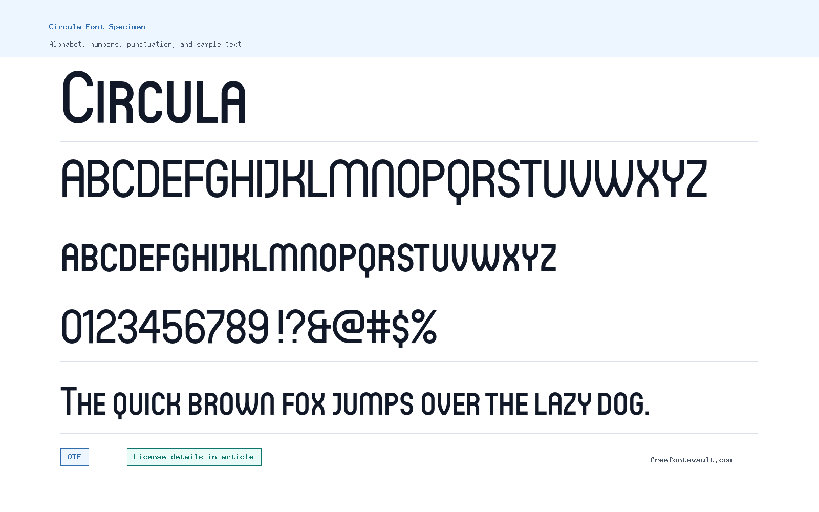 Circula font specimen showing alphabet, numbers, and sample text