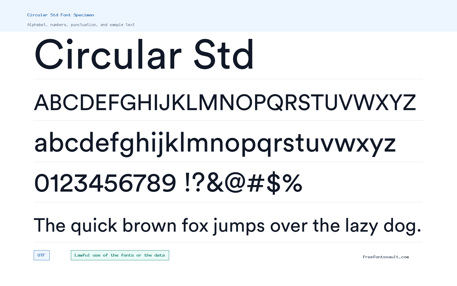 Circular Std font specimen showing alphabet, numbers, and sample text
