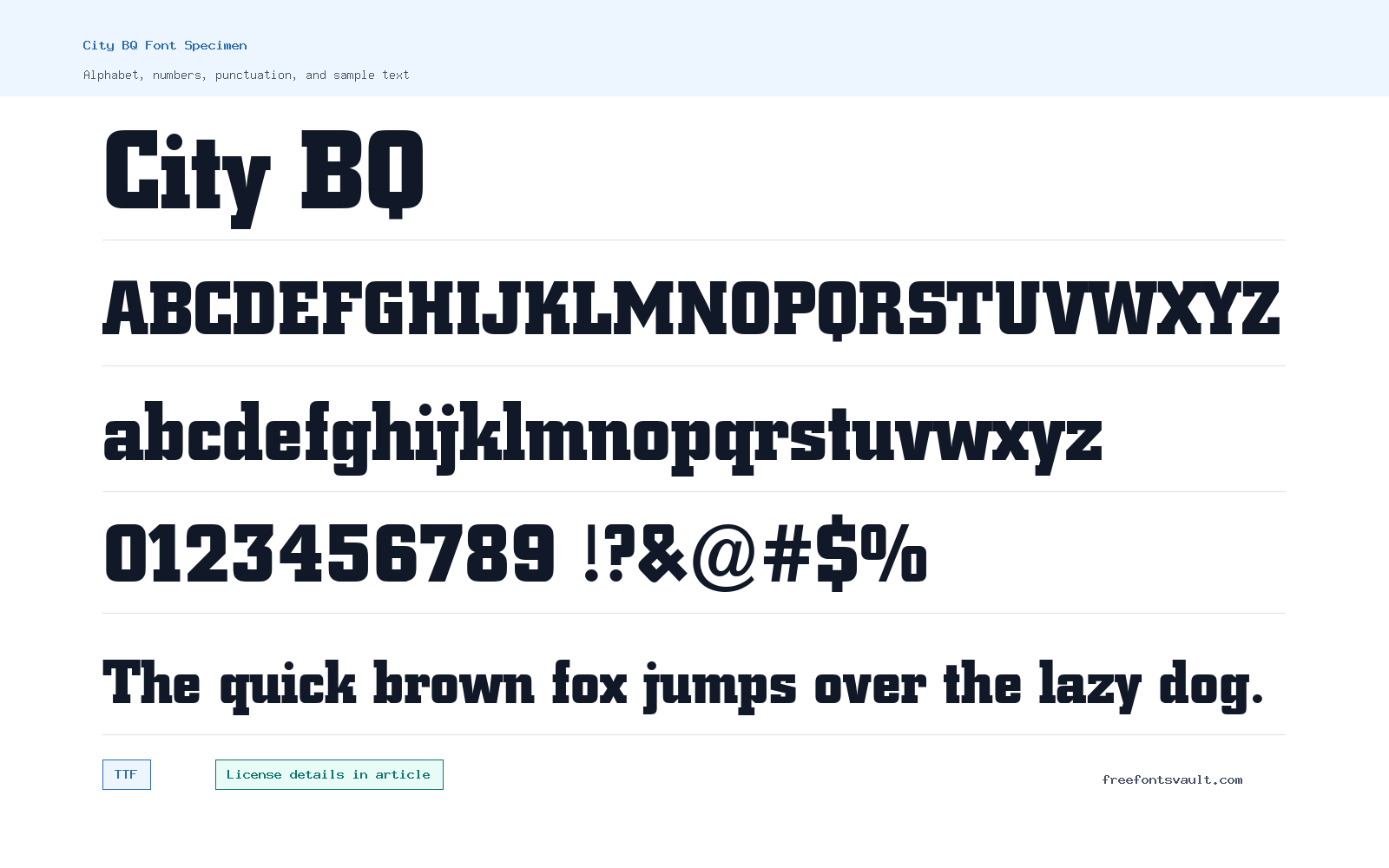 City BQ font specimen showing alphabet, numbers, and sample text