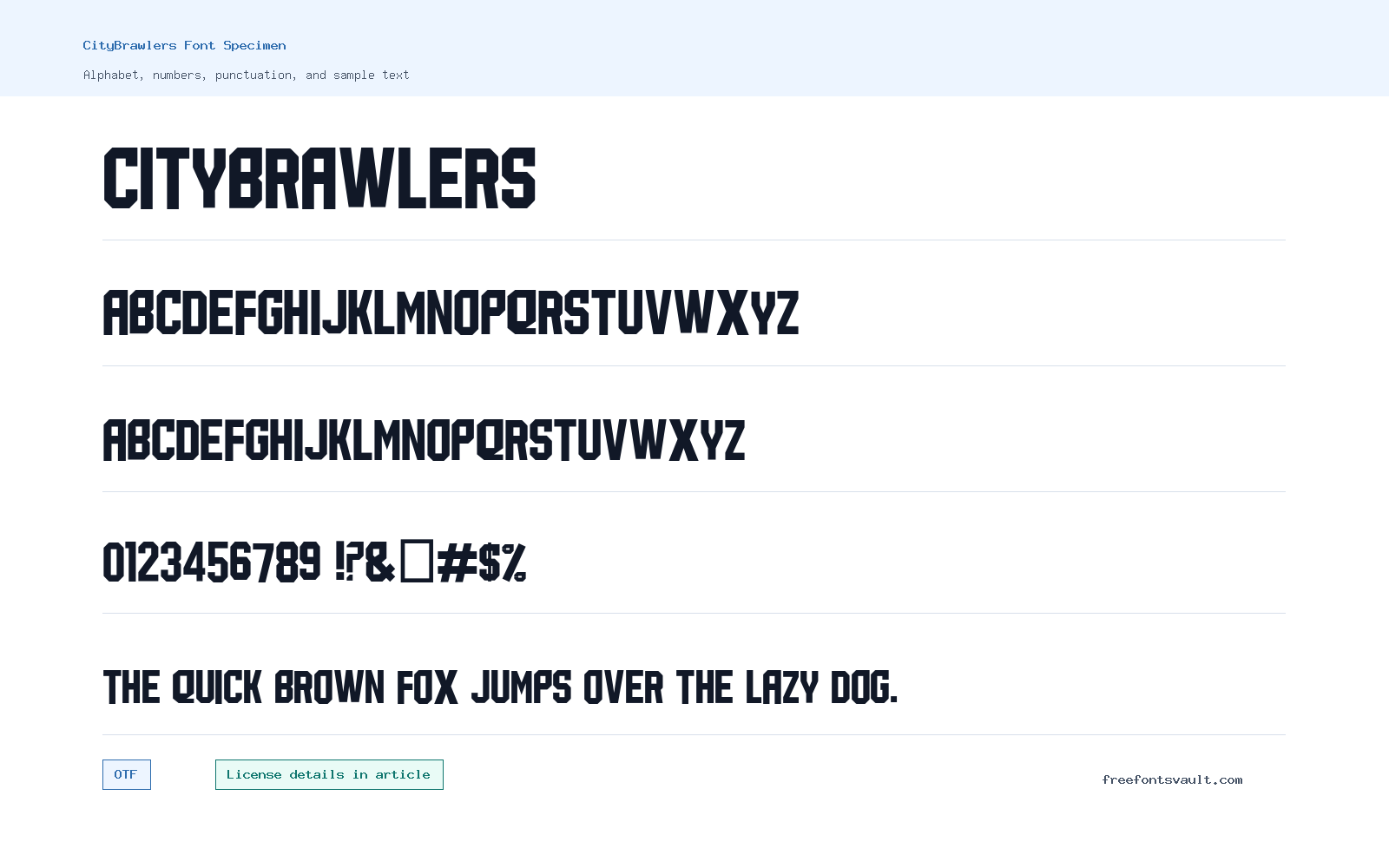 CityBrawlers font specimen showing alphabet, numbers, and sample text