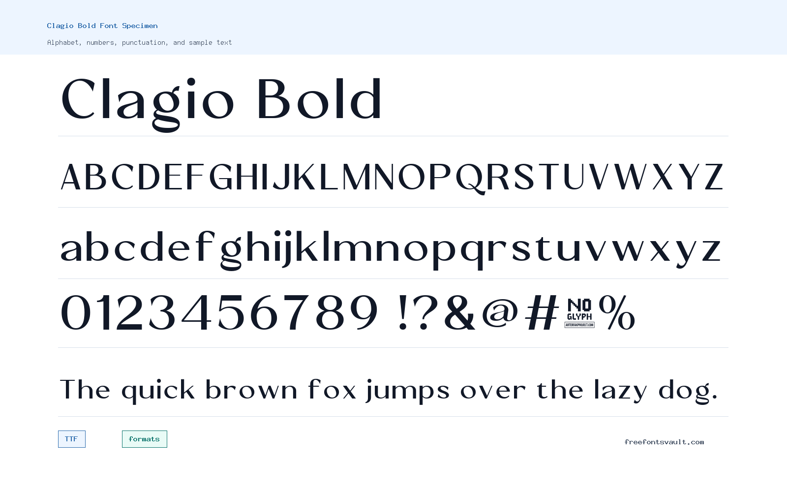 Clagio Bold font specimen showing alphabet, numbers, and sample text