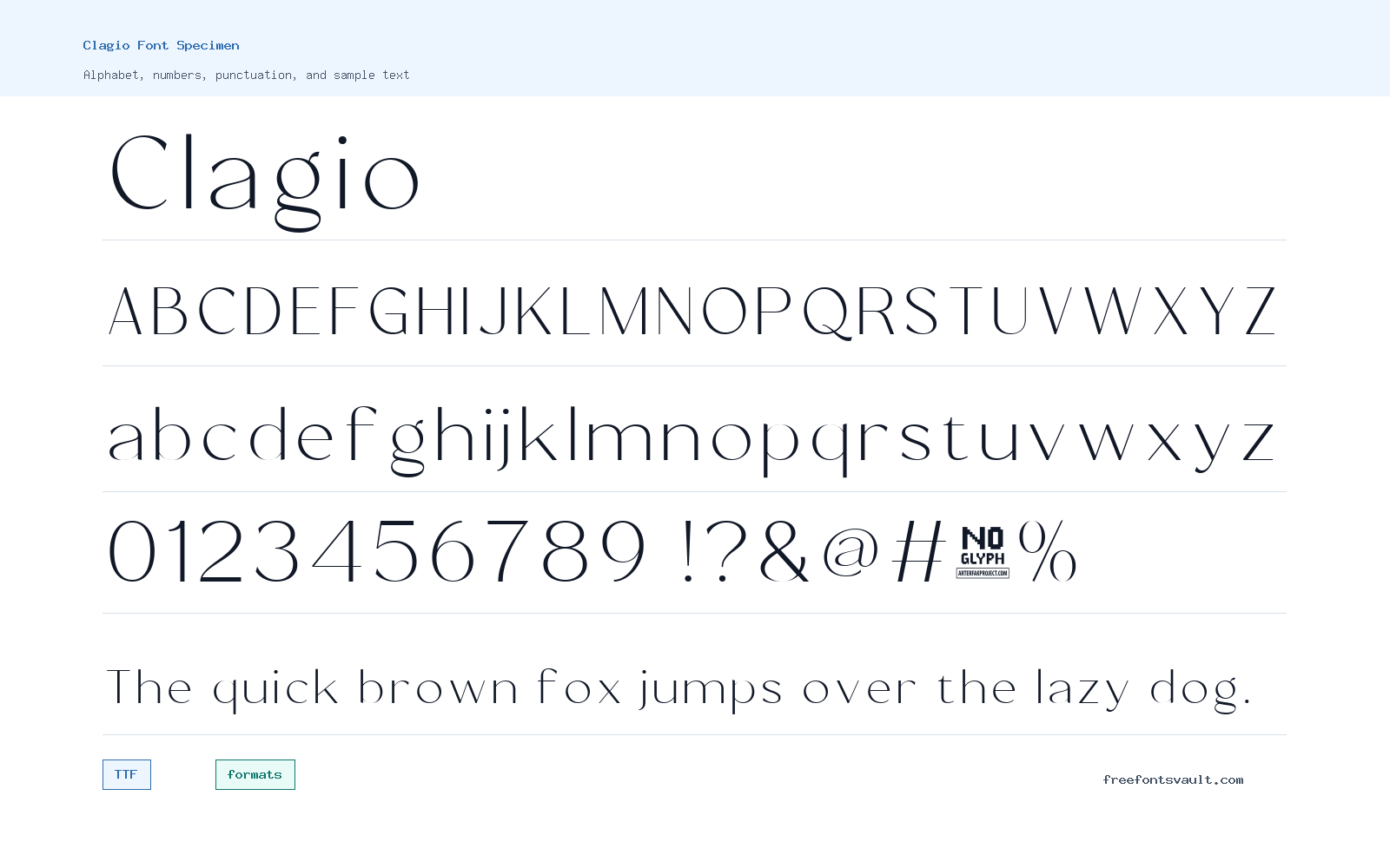 Clagio font specimen showing alphabet, numbers, and sample text