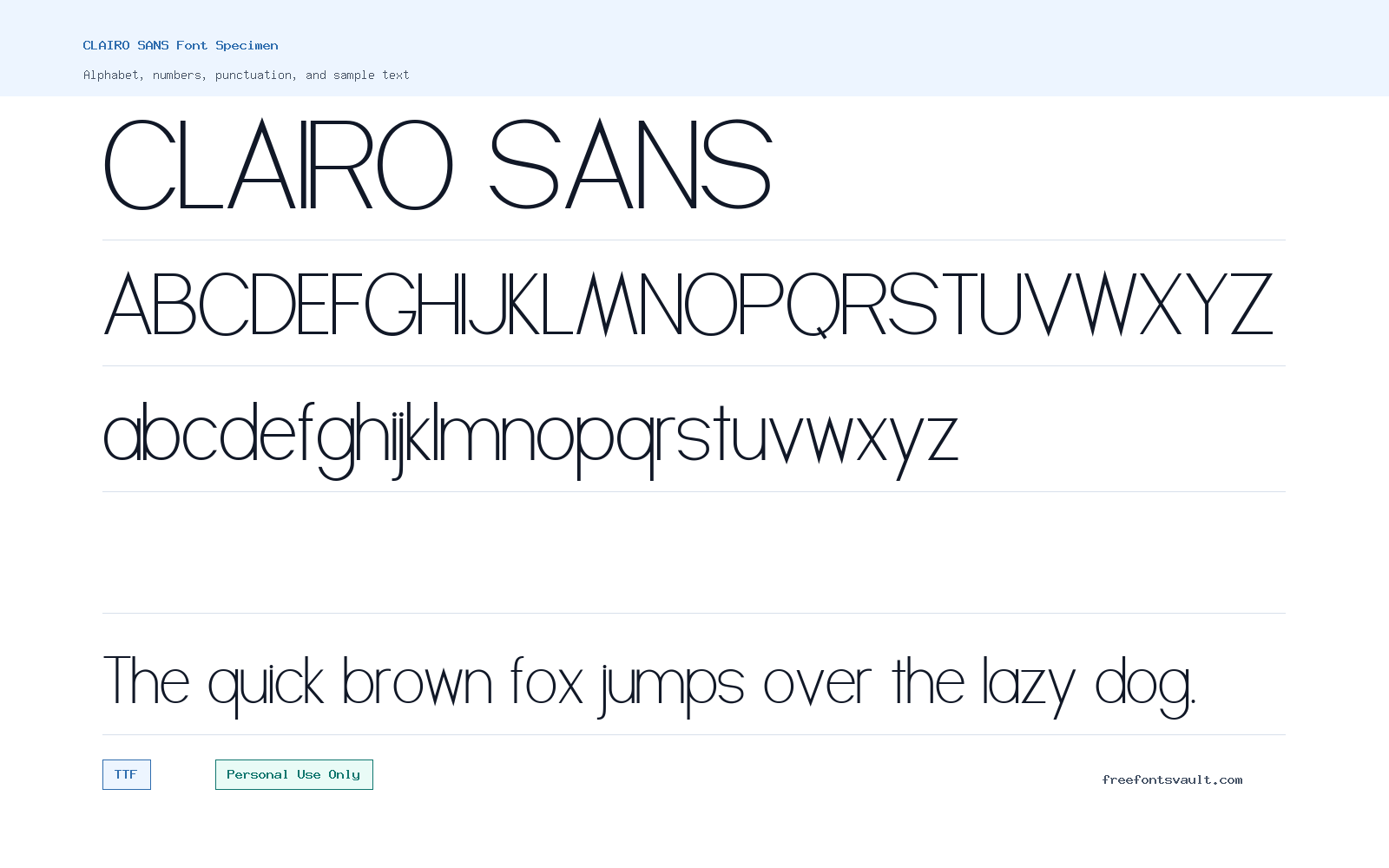 CLAIRO SANS font specimen showing alphabet, numbers, and sample text
