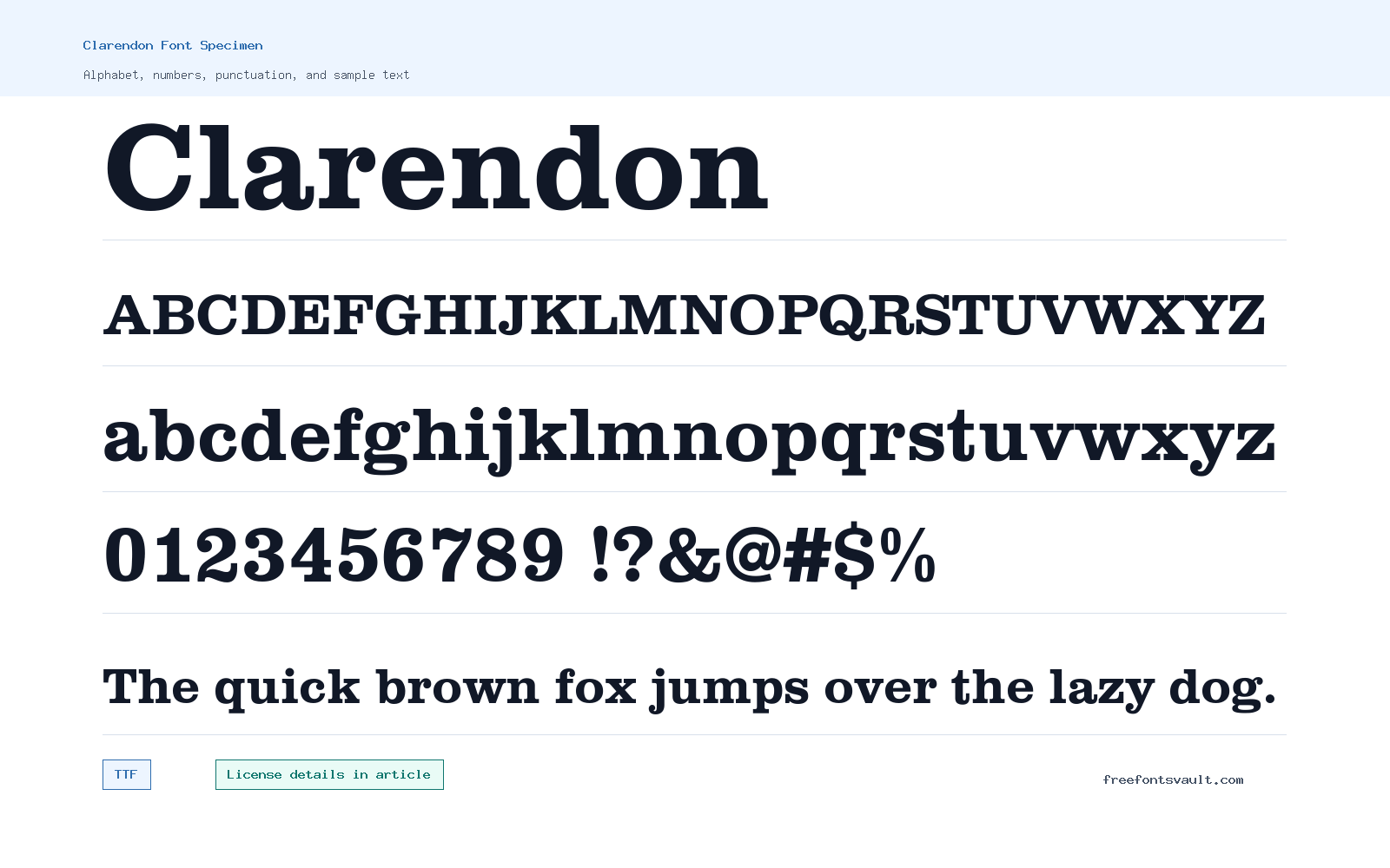 Clarendon font specimen showing alphabet, numbers, and sample text