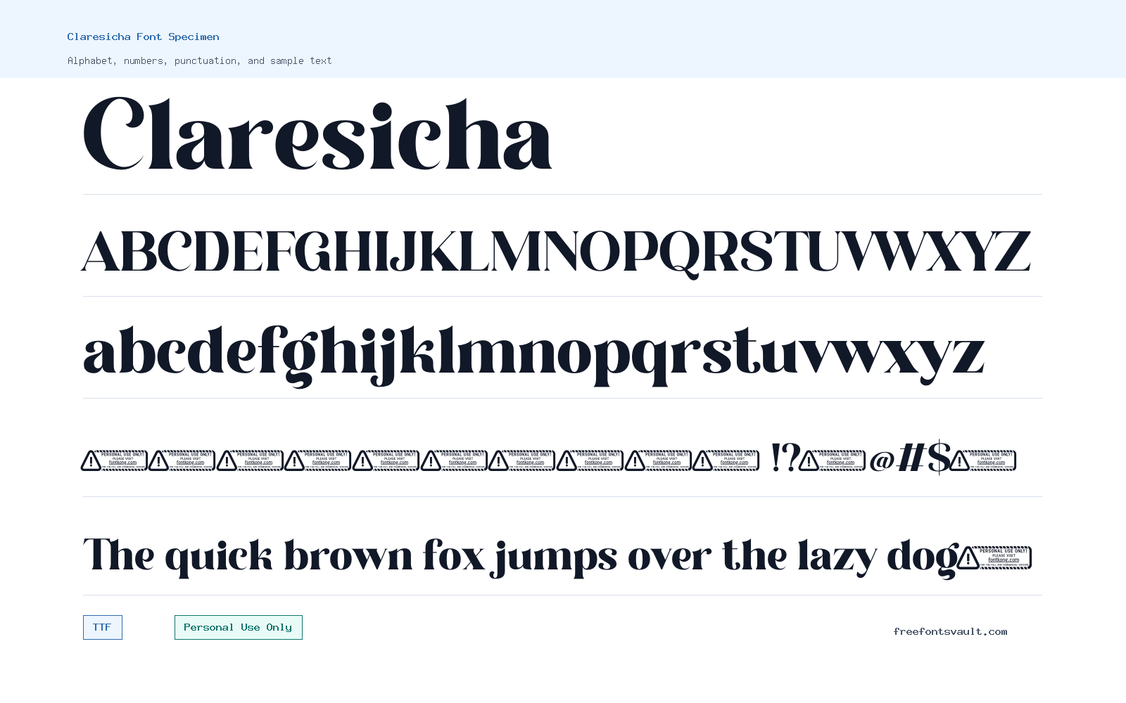Claresicha font specimen showing alphabet, numbers, and sample text