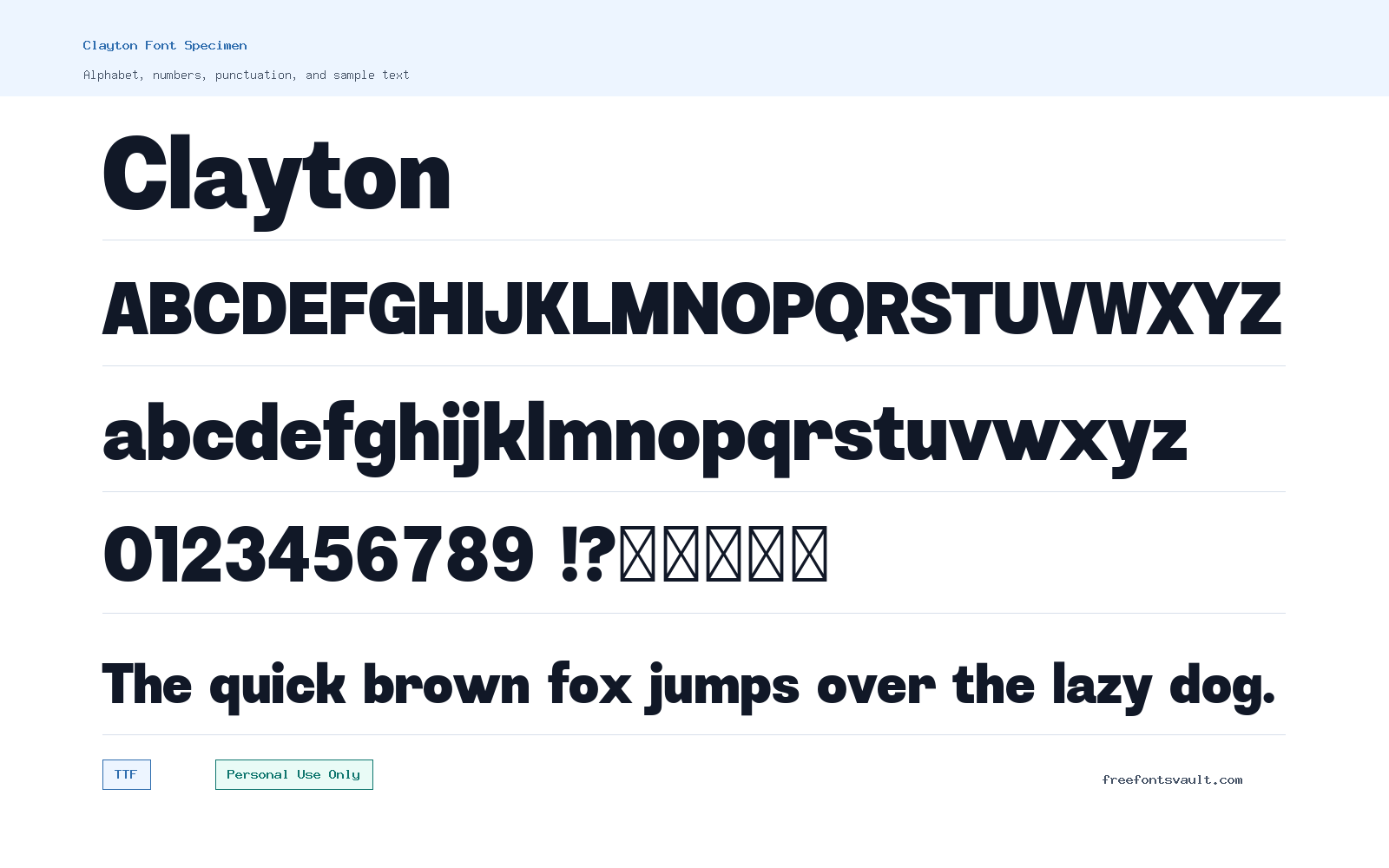 Clayton font specimen showing alphabet, numbers, and sample text