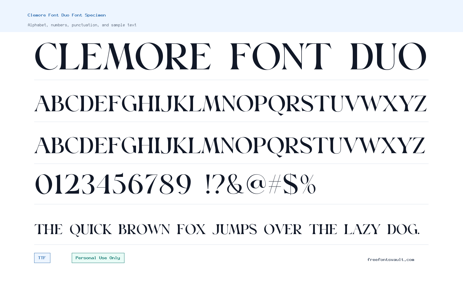 Clemore Font Duo font specimen showing alphabet, numbers, and sample text