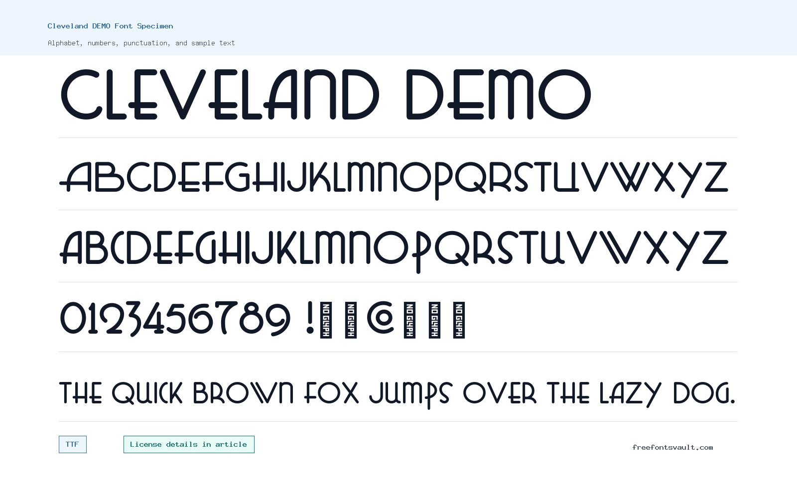 Cleveland DEMO font specimen showing alphabet, numbers, and sample text