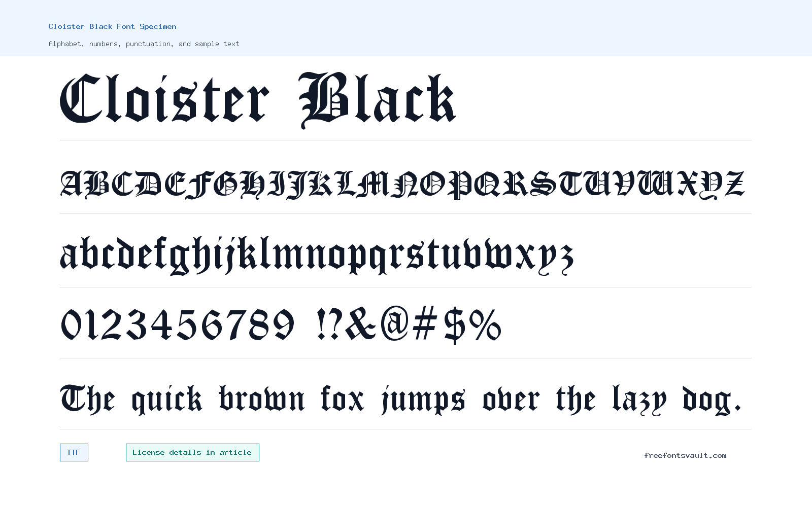 Cloister Black font specimen showing alphabet, numbers, and sample text