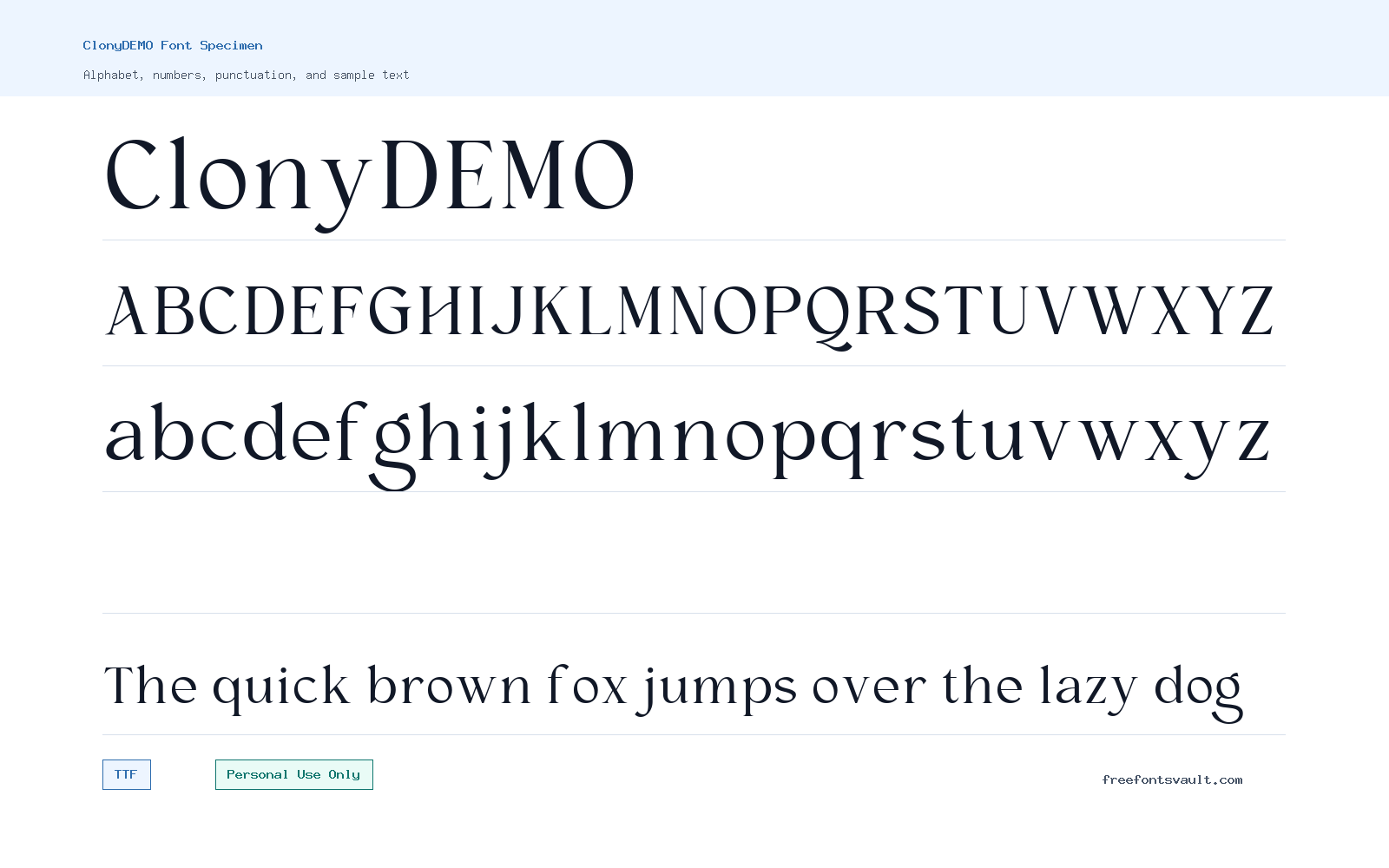 ClonyDEMO font specimen showing alphabet, numbers, and sample text
