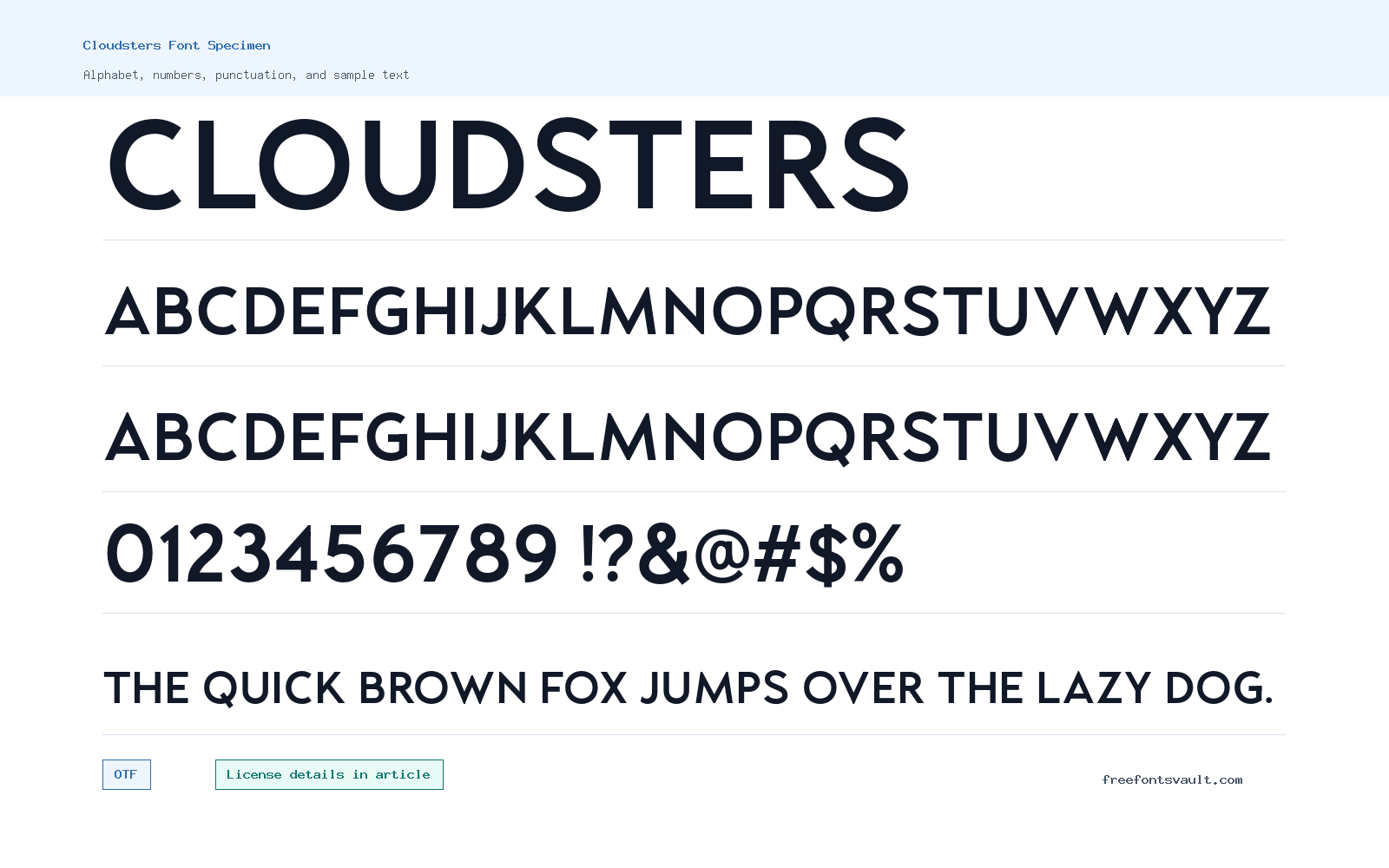 Cloudsters font specimen showing alphabet, numbers, and sample text