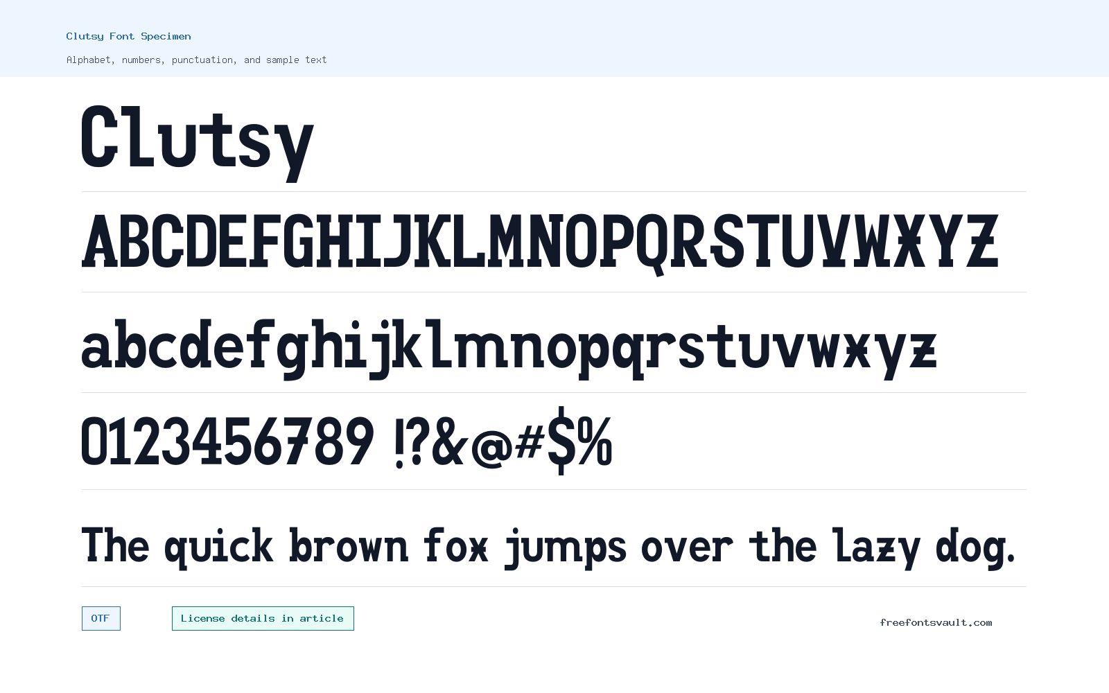 Clutsy font specimen showing alphabet, numbers, and sample text