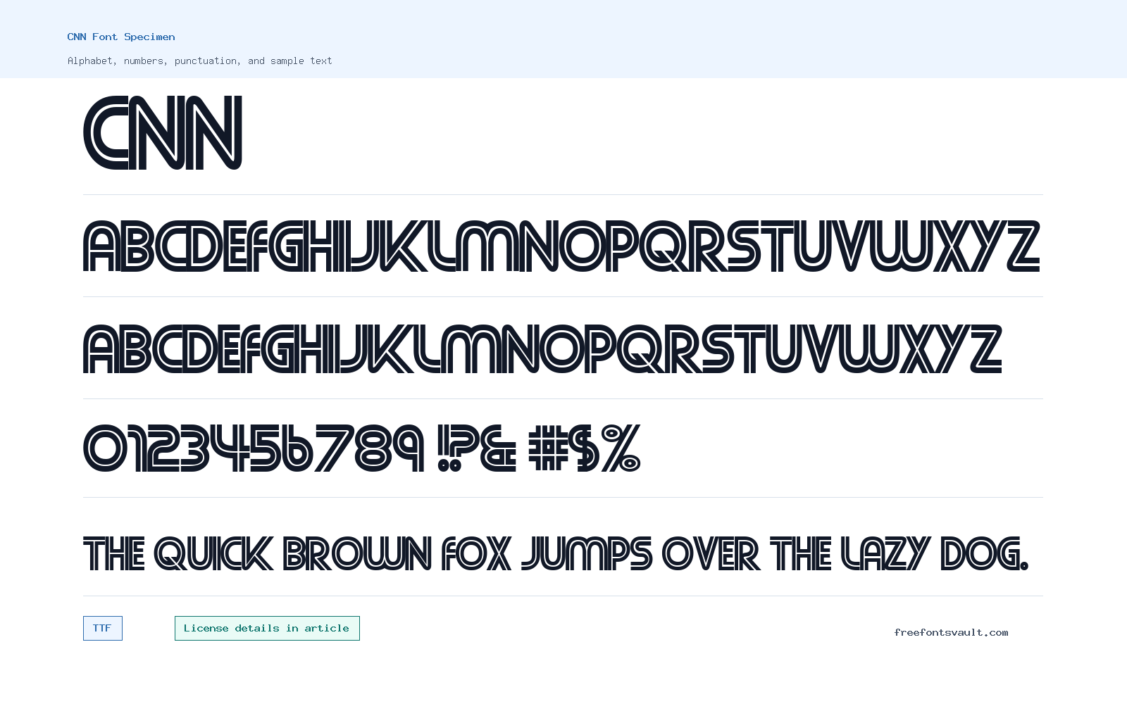 CNN font specimen showing alphabet, numbers, and sample text
