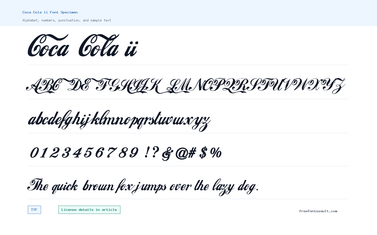 Coca Cola ii font specimen showing alphabet, numbers, and sample text