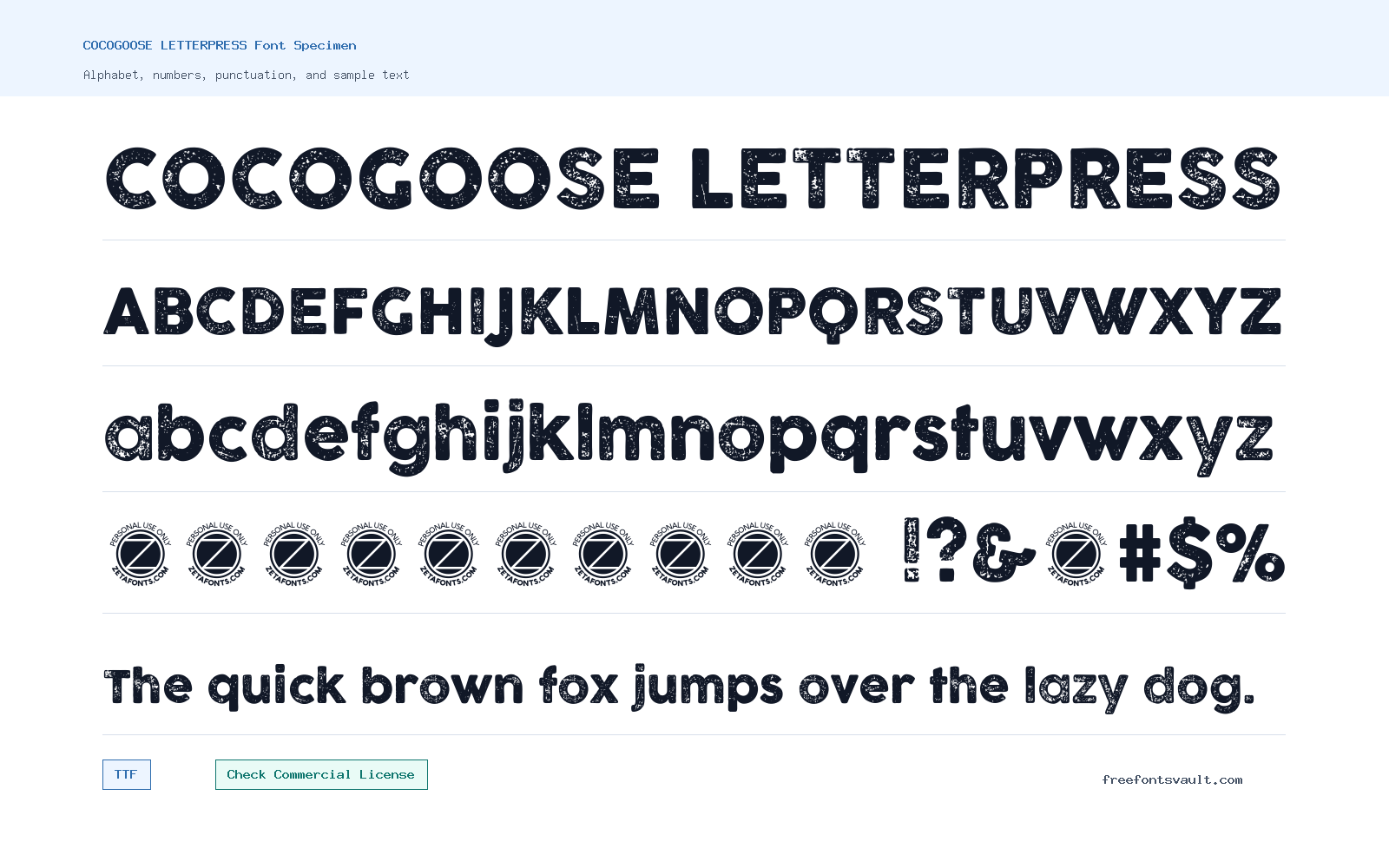 COCOGOOSE LETTERPRESS font specimen showing alphabet, numbers, and sample text