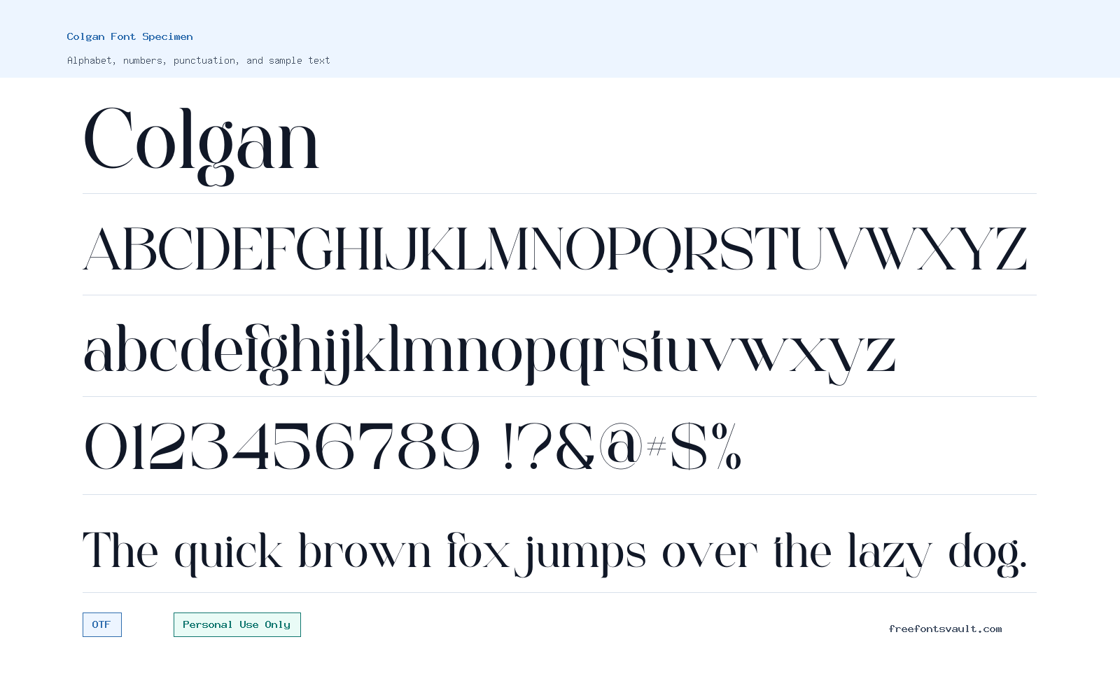 Colgan font specimen showing alphabet, numbers, and sample text