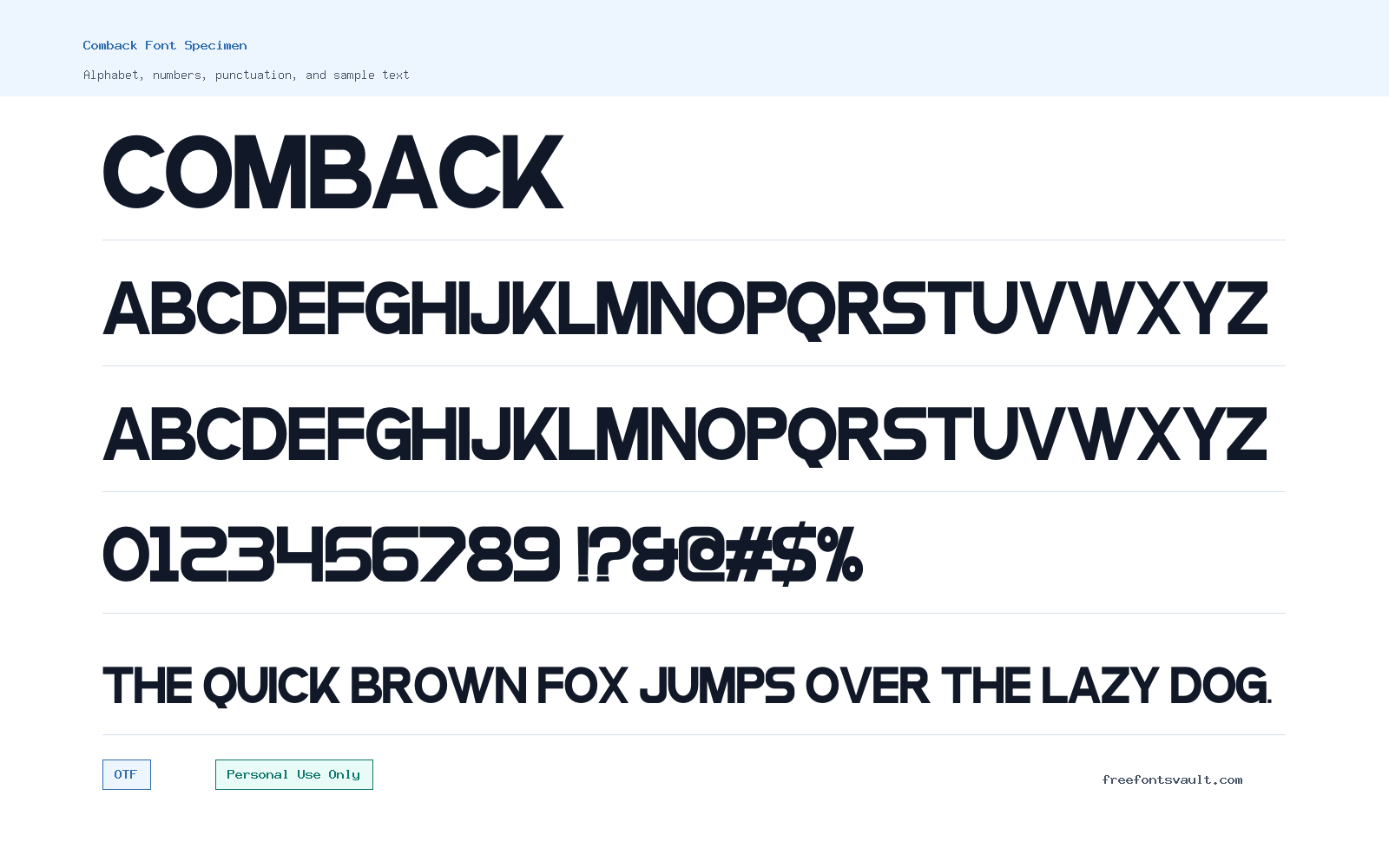 Comback font specimen showing alphabet, numbers, and sample text