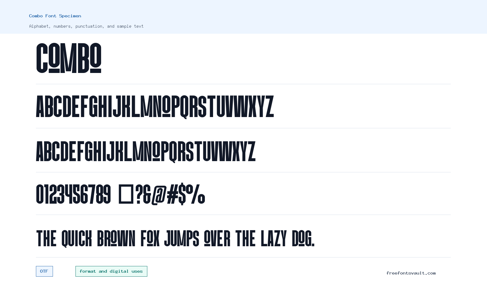 Combo font specimen showing alphabet, numbers, and sample text