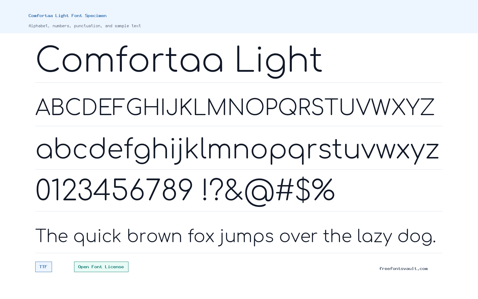 Comfortaa Light font specimen showing alphabet, numbers, and sample text