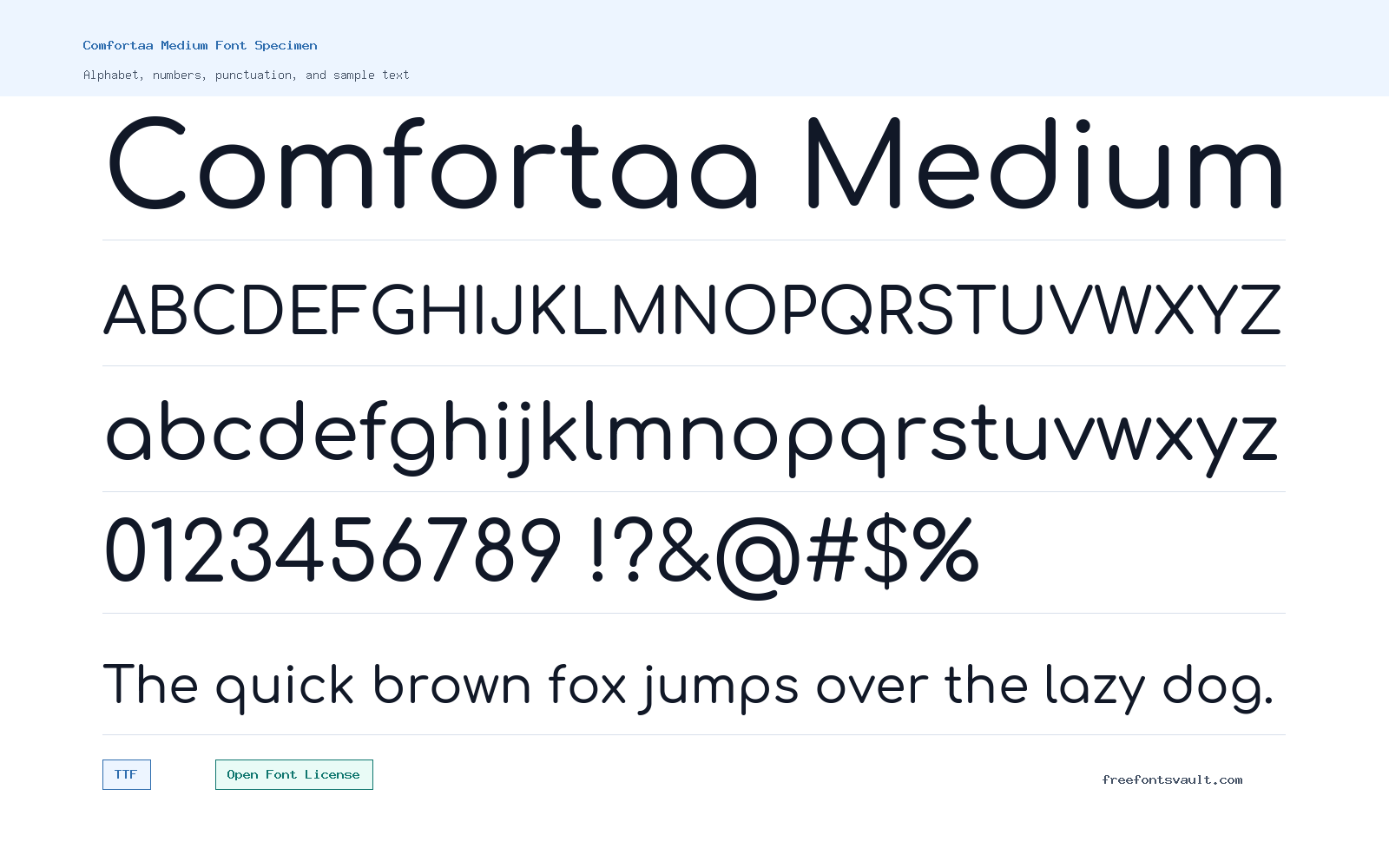 Comfortaa Medium font specimen showing alphabet, numbers, and sample text