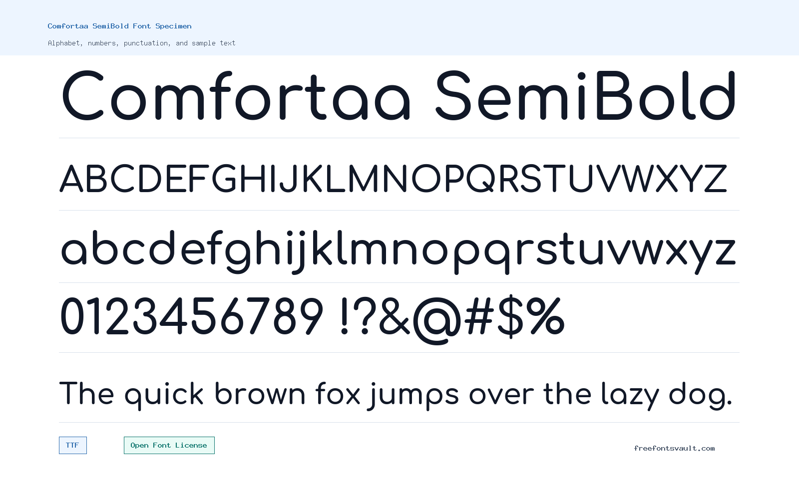 Comfortaa SemiBold font specimen showing alphabet, numbers, and sample text