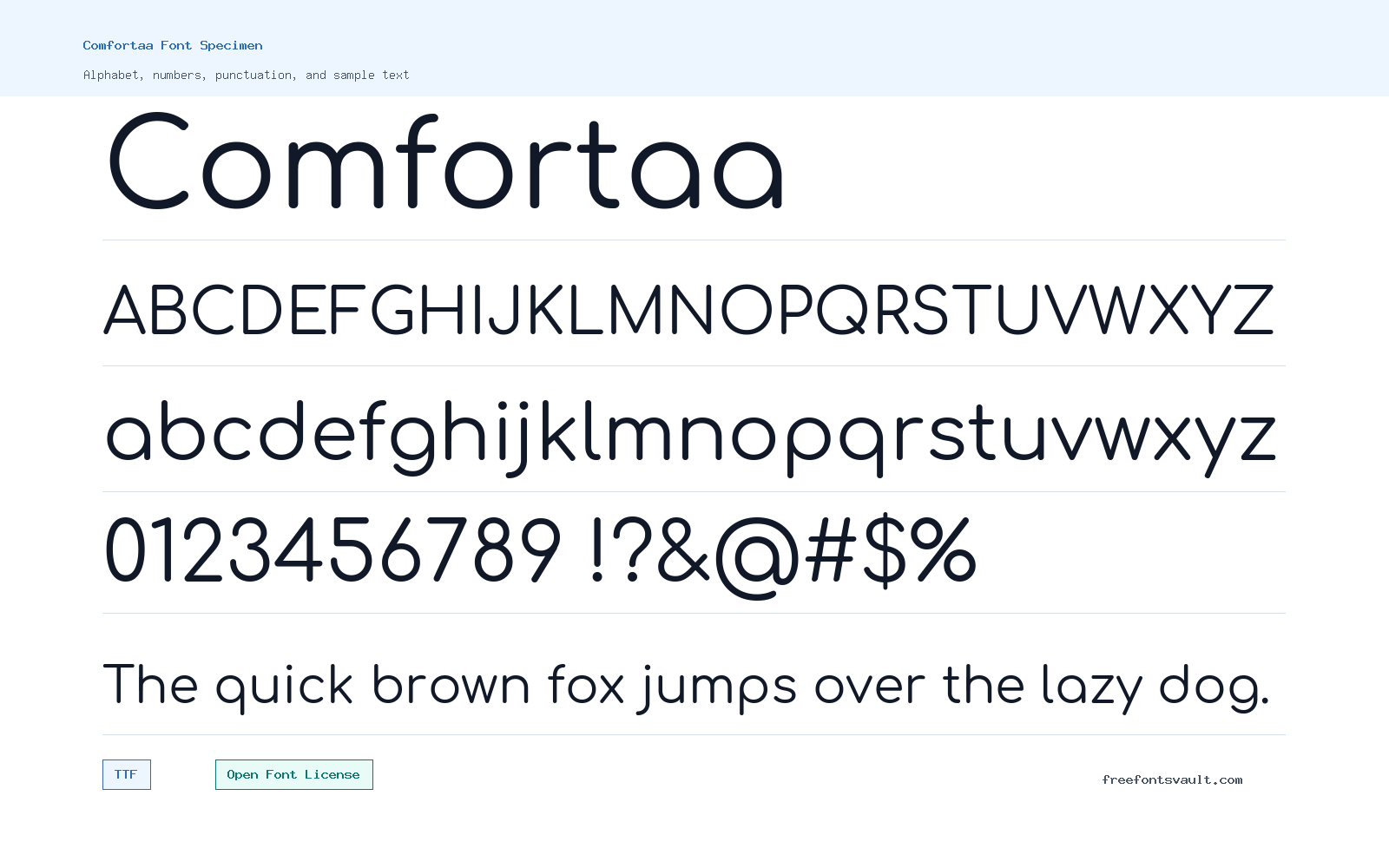 Comfortaa font specimen showing alphabet, numbers, and sample text