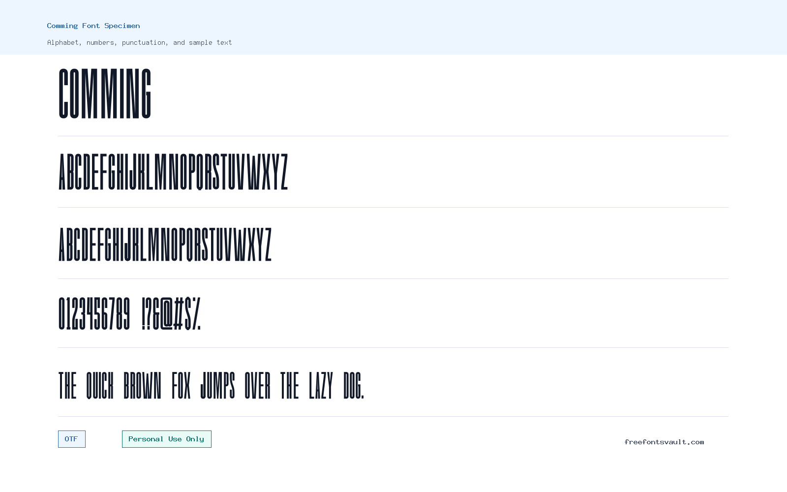 Comming font specimen showing alphabet, numbers, and sample text