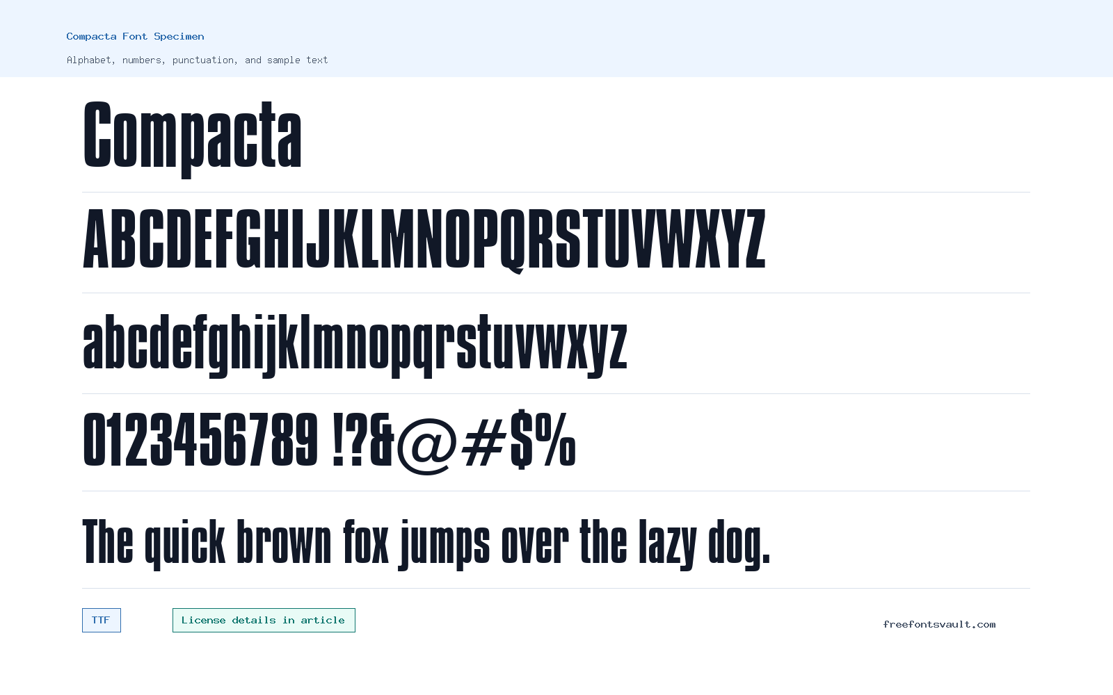 Compacta font specimen showing alphabet, numbers, and sample text